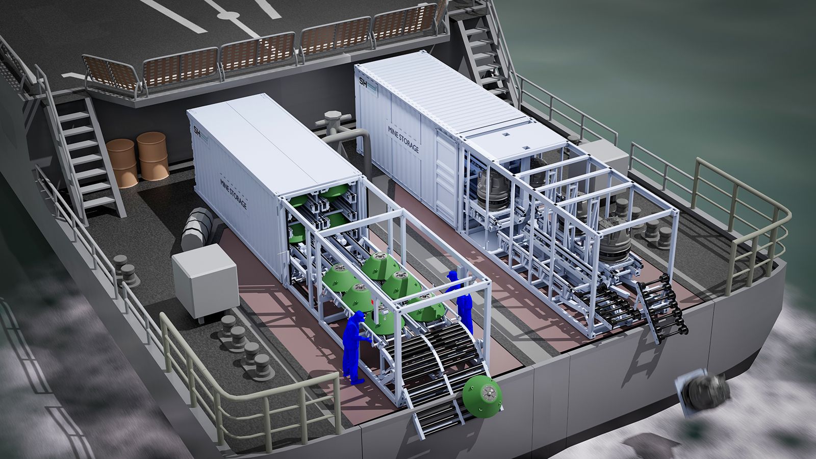 SH Defence公司推出的Cube作戰系統，包含許多不同子系統，其中之一就是快速布雷模組，可以直接吊掛到各種船隻的後甲板，進行布雷工作。圖片摘自網路