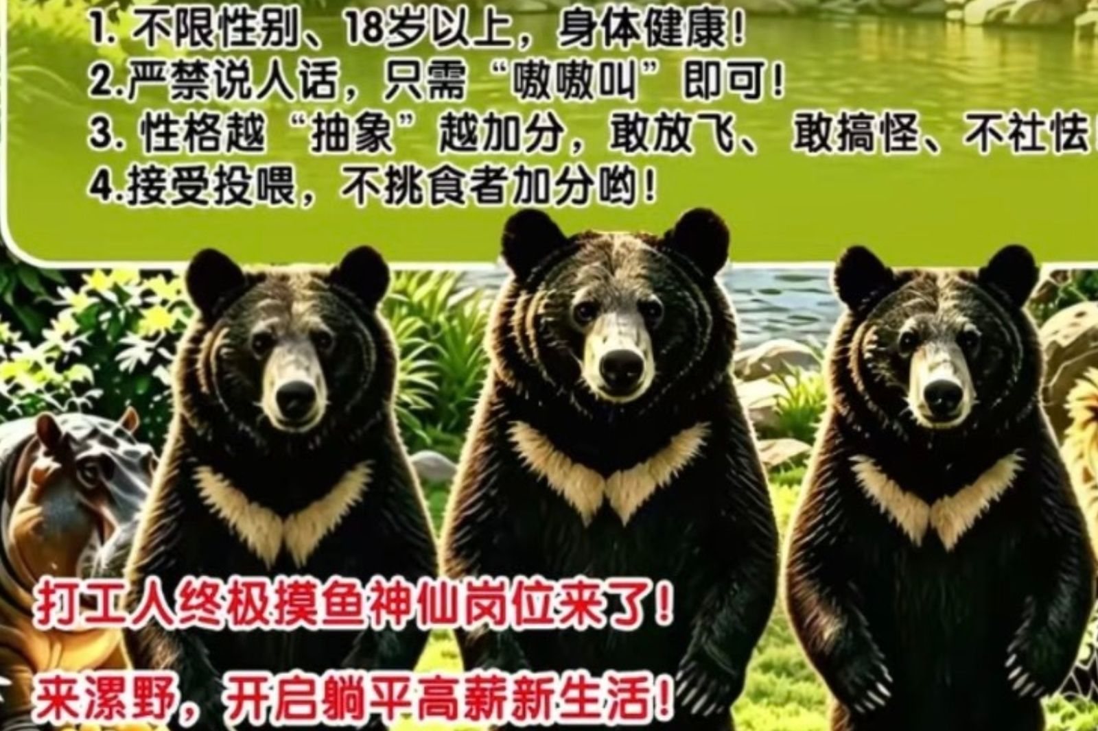動物園職缺「徵人扮黑熊」 條件曝光:嚴禁說人話、越抽象越好