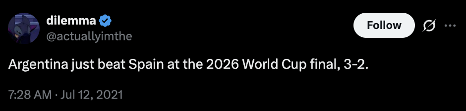 2021年一名網友預測2026年世界盃阿根廷將以3:2擊退西班牙奪冠,引發熱議。圖/翻攝自X