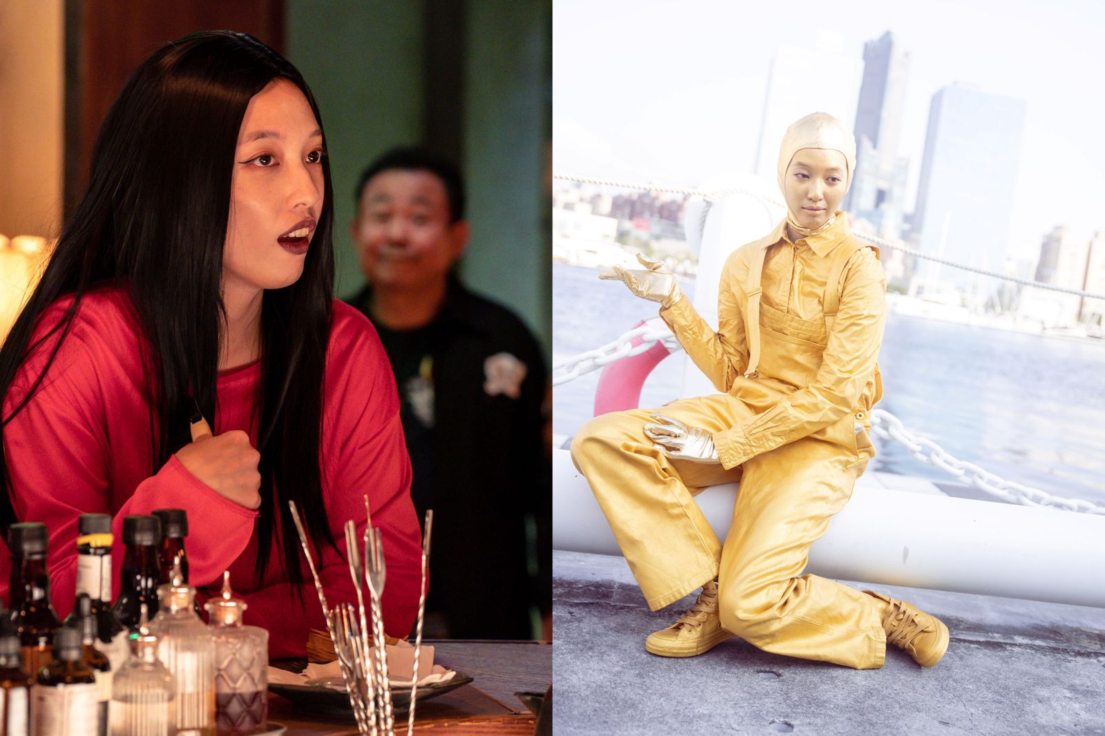 王渝萱飾演臨演，扮女鬼、街頭藝人做角色功課。逆光電影提供