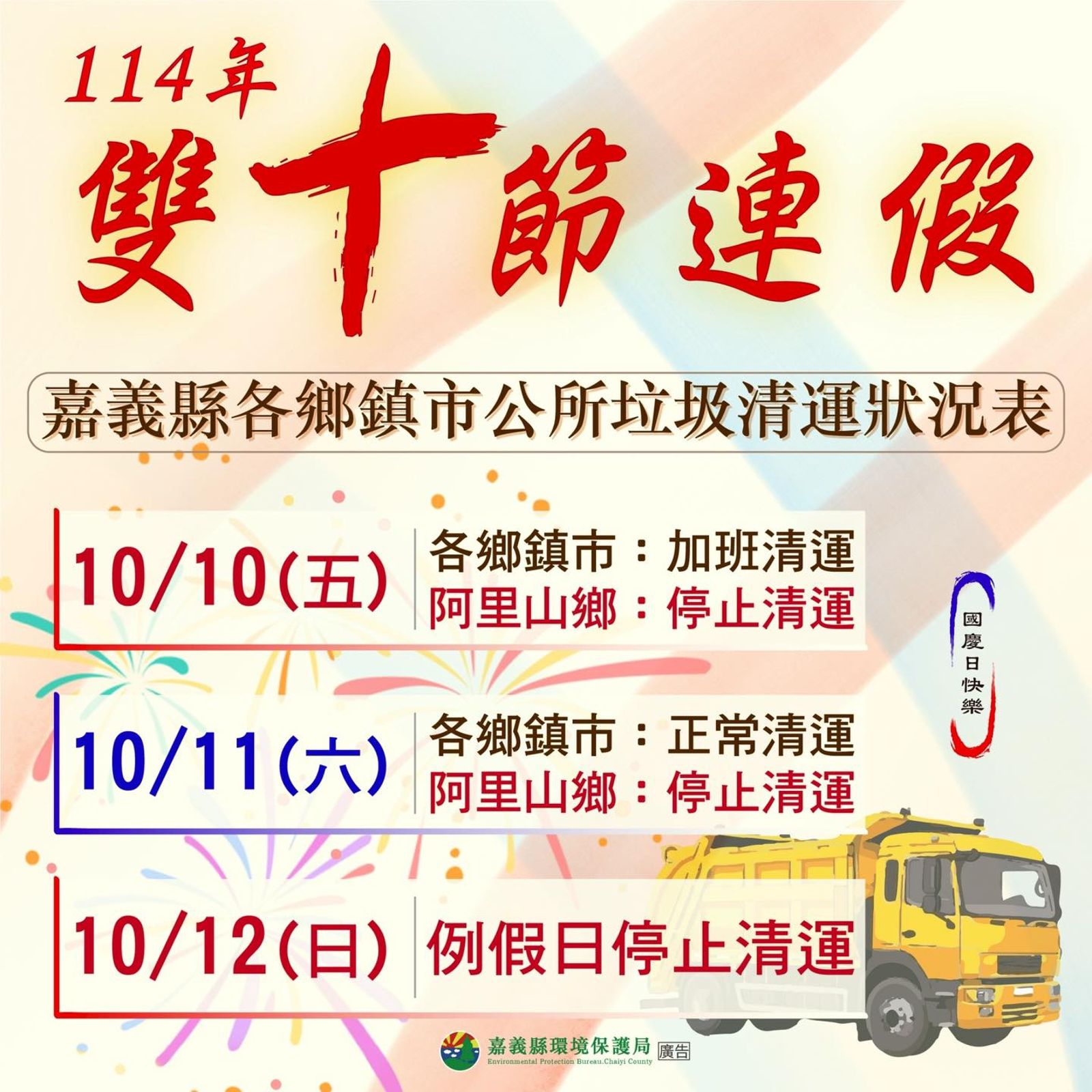 嘉義縣公布雙十連假垃圾清運時間。圖/翻攝自嘉義縣政府環保局臉書
