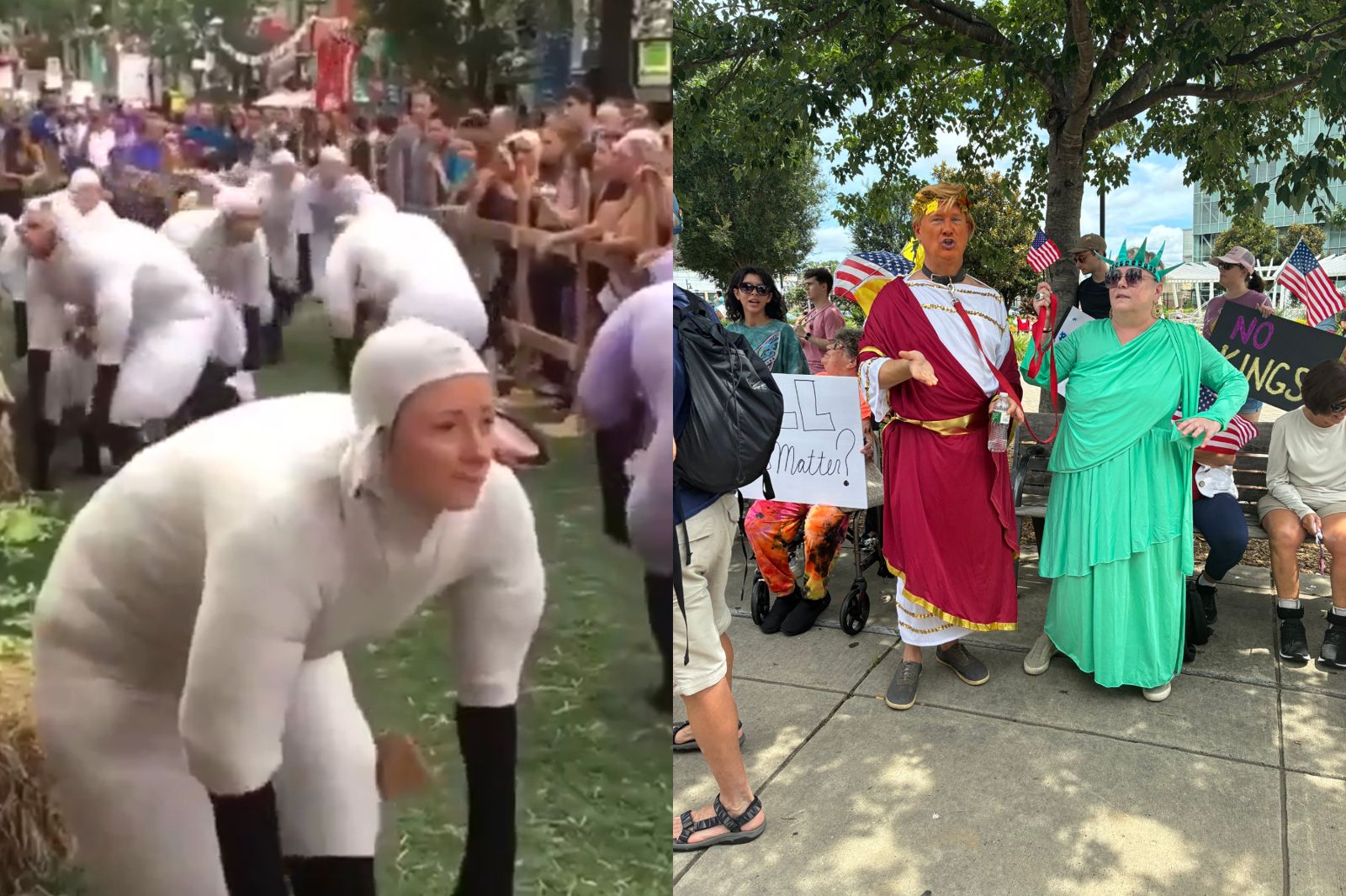 抗議者穿著綿羊、自由女神服裝。圖／翻攝自X@IanJaeger29、iche_me