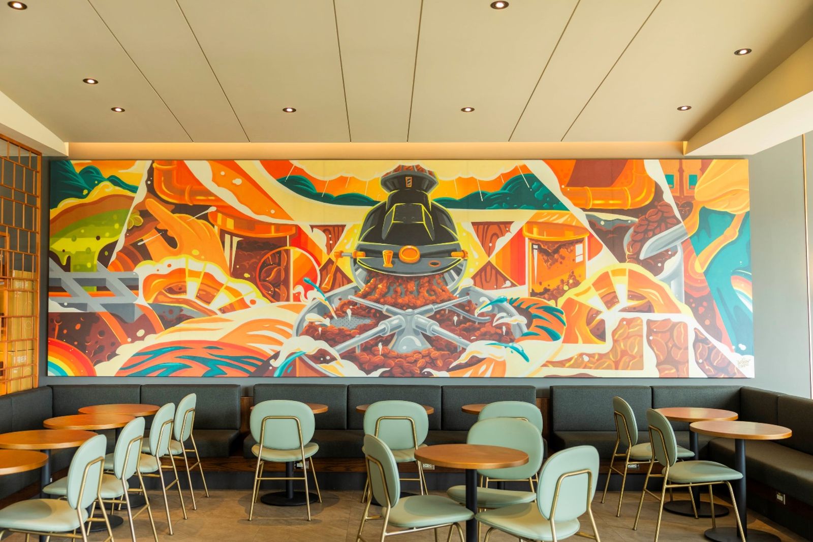 室內牆面以咖啡豆與稻米元素相互呼應。