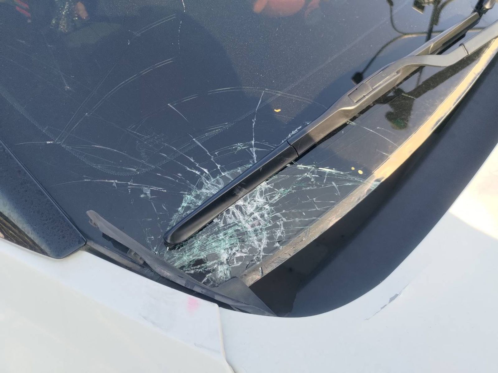 休旅車前擋玻璃有撞擊碎裂痕跡。民眾提供