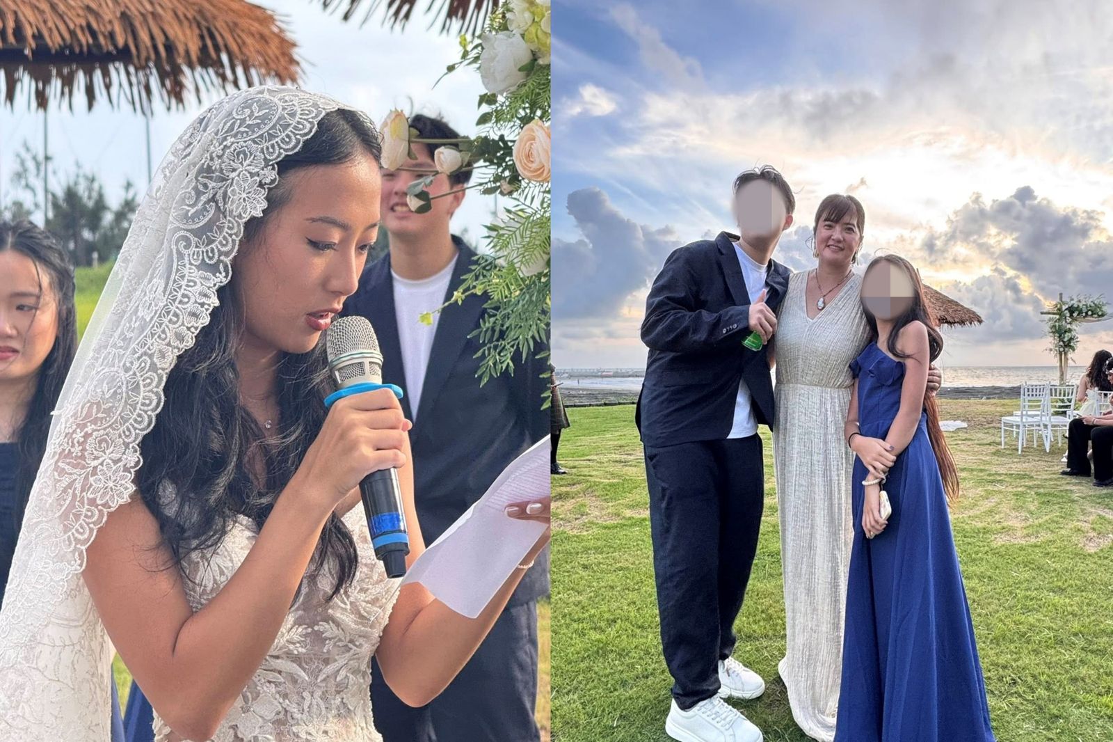 蔡岳勳長女蔡牧霏(左)婚禮,前妻于小惠(右二)、么女小后跟次子福寶都現身。翻攝于小惠臉書