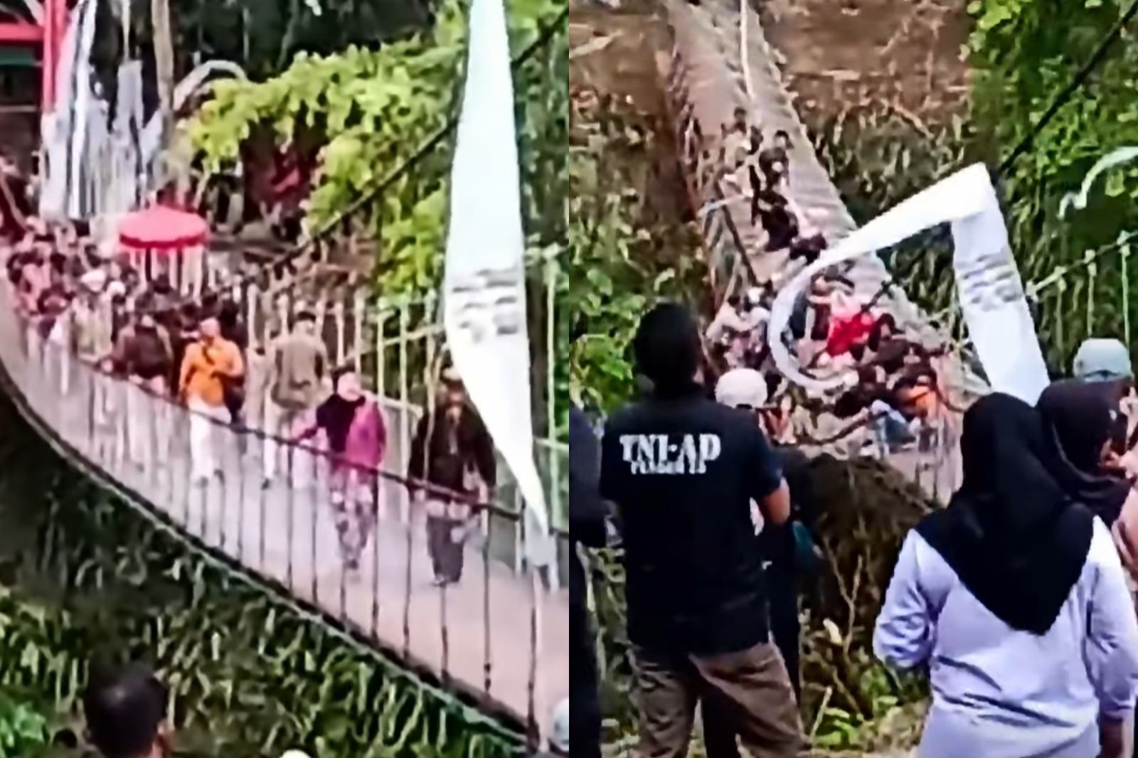 印尼吊橋剪綵完就出事!縣長率50人試走 下秒「坍塌傾斜」驚悚畫面曝