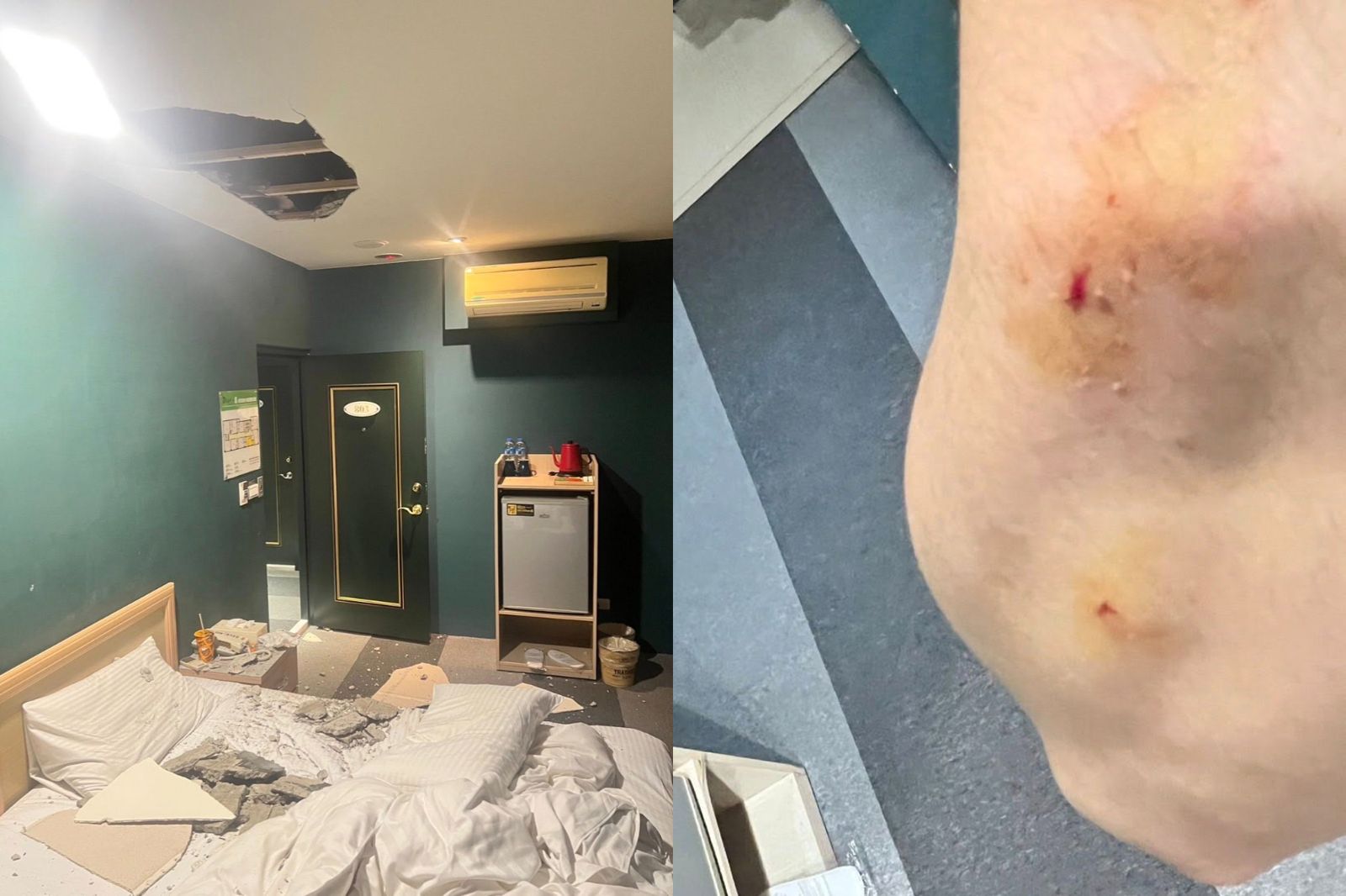 中壢旅館天花板傳怪聲下秒崩落！房客遭水泥塊砸傷被「塞紅包」　業者回應了