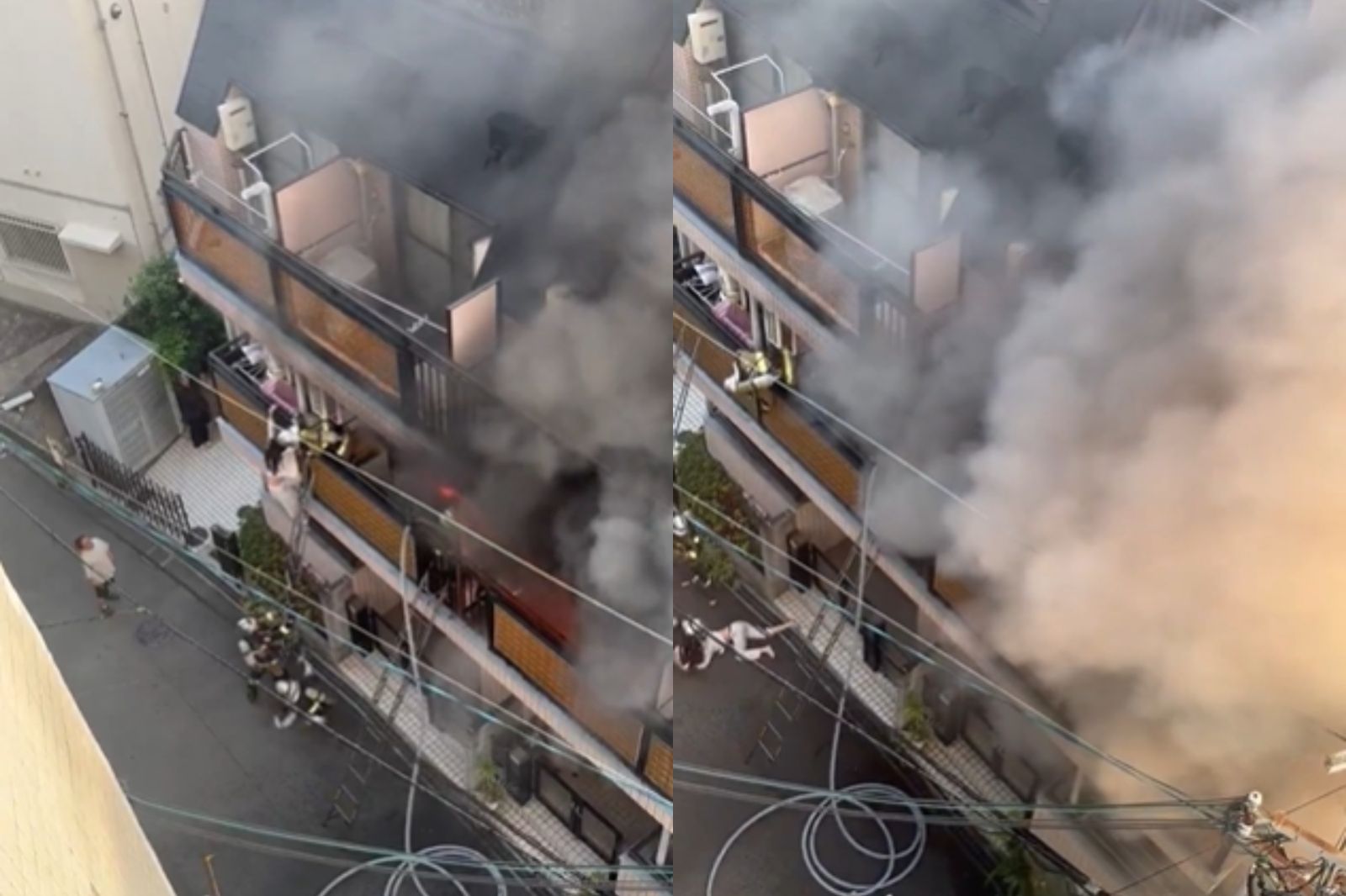 女子驚慌失措一腳將消防員「踹」至1樓地面,自己也在重心不穩墜落。圖/翻攝自X