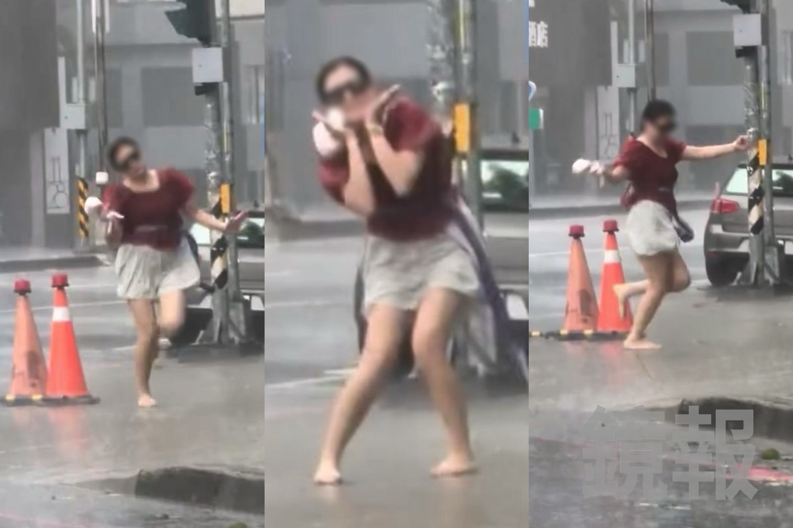 颱風天超狂街景!台中「赤腳墨鏡姐」風雨中忘情獨舞 水瓢高跟鞋男也亂入齊嗨