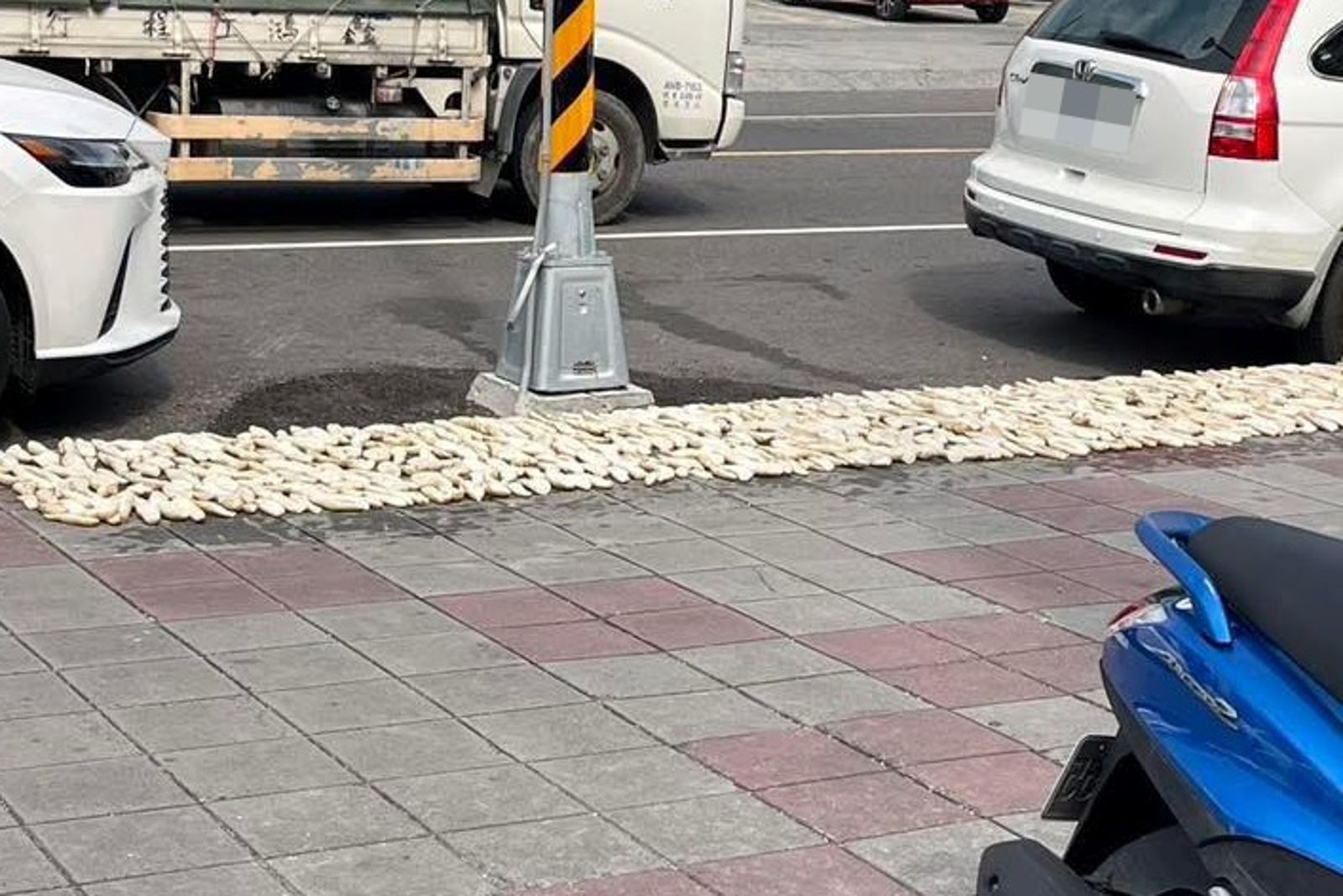 民眾驚見高雄火鍋一條街人行道上曬花菜乾，不久後竟還出現蘿蔔乾。圖／翻攝自仁武人大小事臉書粉專