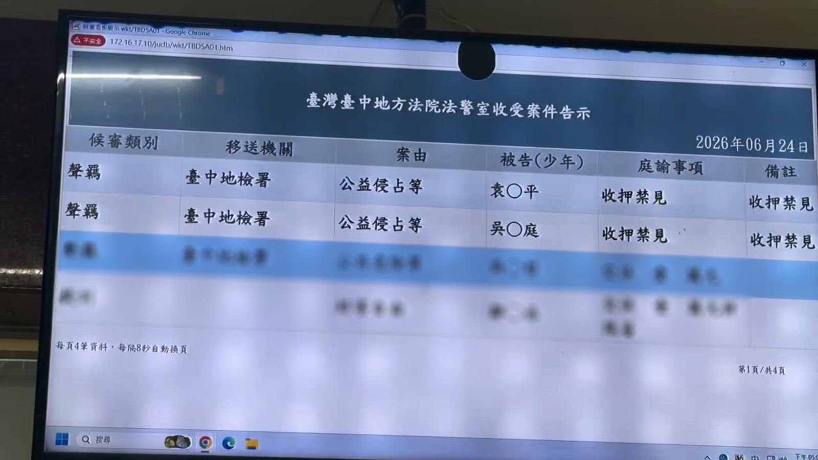 台中地院法警室告示板顯示，袁昶平、吳菀庭夫妻已被法官裁定收押禁見。民眾提供