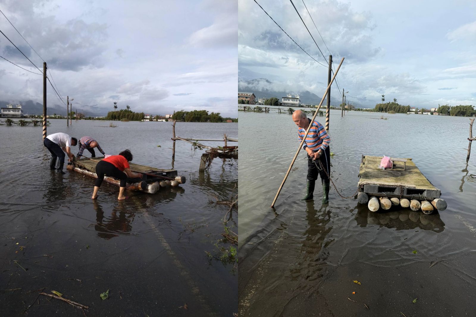 宜蘭五結鄉一名父親撐著竹筏，協助女兒及摩托車渡過洪水。圖／翻攝自張亮軒臉書
