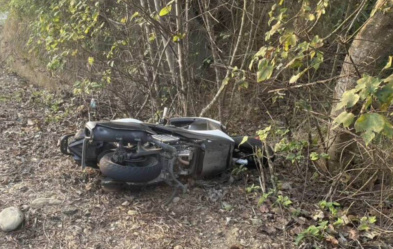 20歲騎士騎乘機車噴飛到路旁。讀者提供
