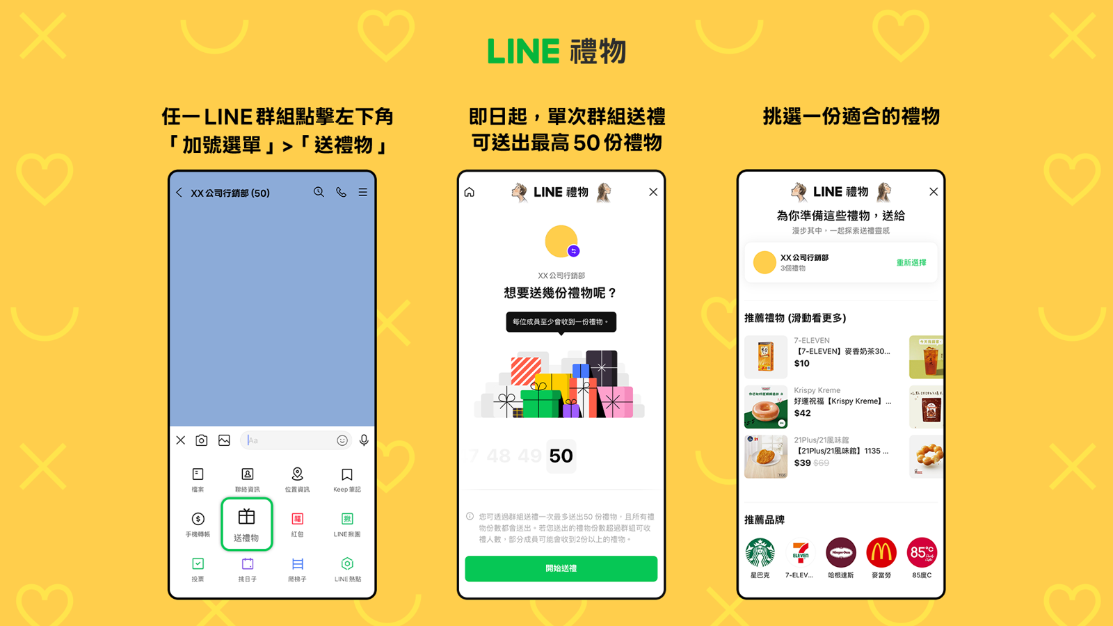 LINE禮物群組送禮功能支援於群組內選禮、設定份數並送出，送禮狀態於聊天室中清楚呈現。圖／LINE提供