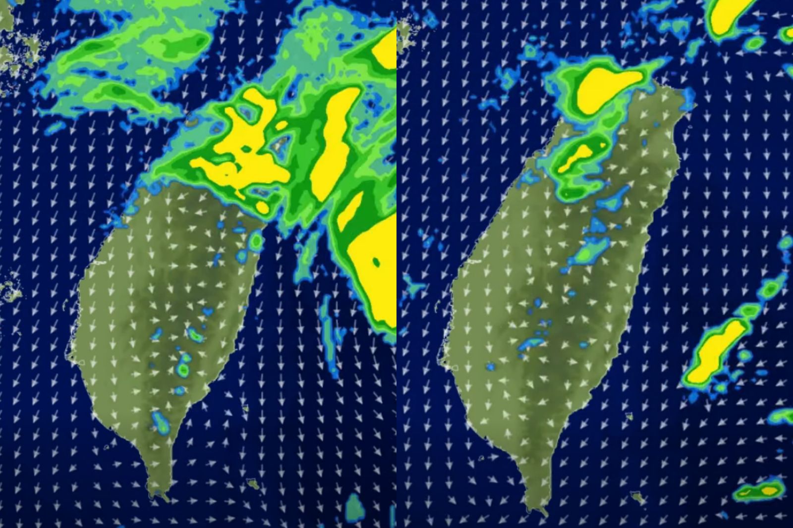 氣象粉專指出，東北部強降雨預估至23、24日才會趨緩；左為22日11時台灣雲雨，右為24日18時台灣雲雨。圖／翻攝自天氣風險 WeatherRisk