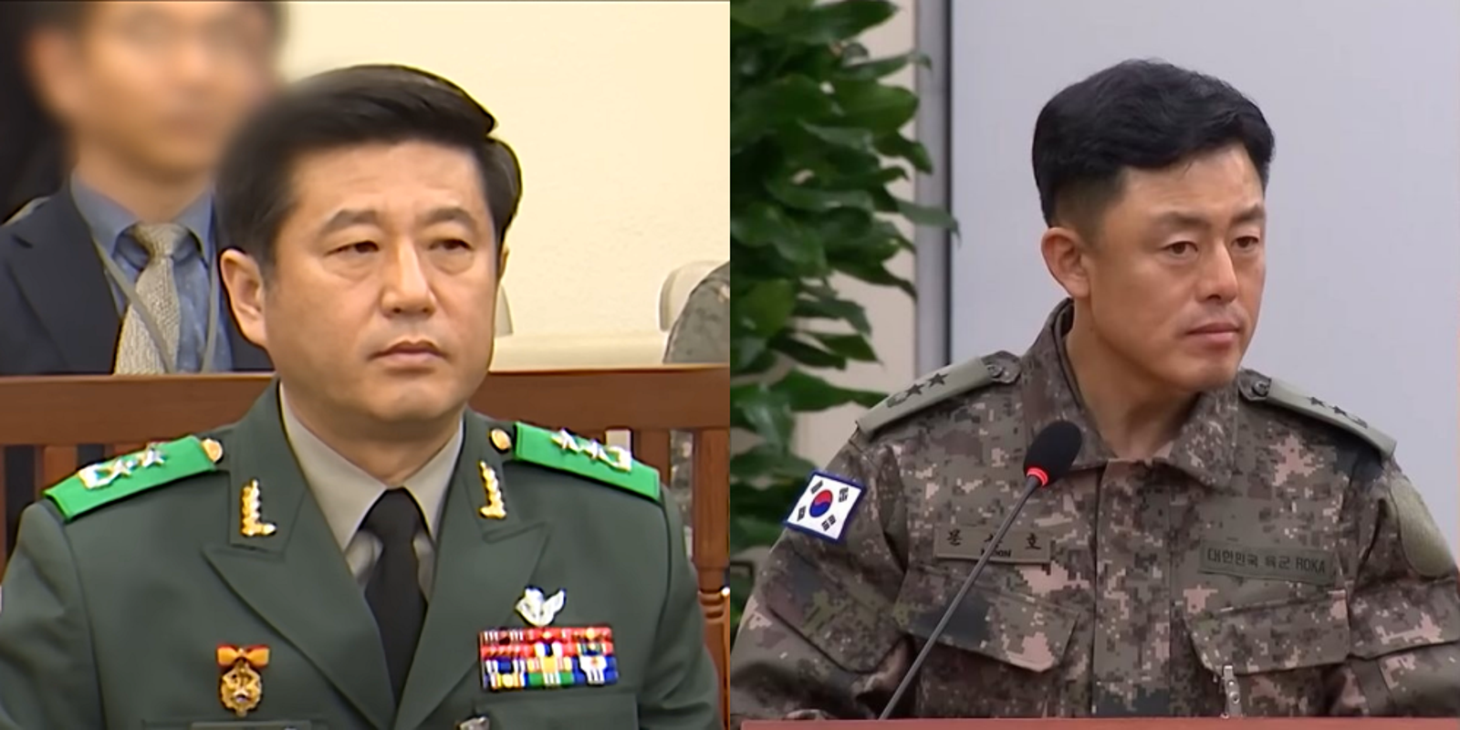 盧尚元(左)與文相虎(右)兩位前後任情報司令官,被發現密謀戒嚴,而遭緊急逮捕;近日文相虎更被發現,在戒嚴前一週造訪台灣。(截圖自MBC電視台)