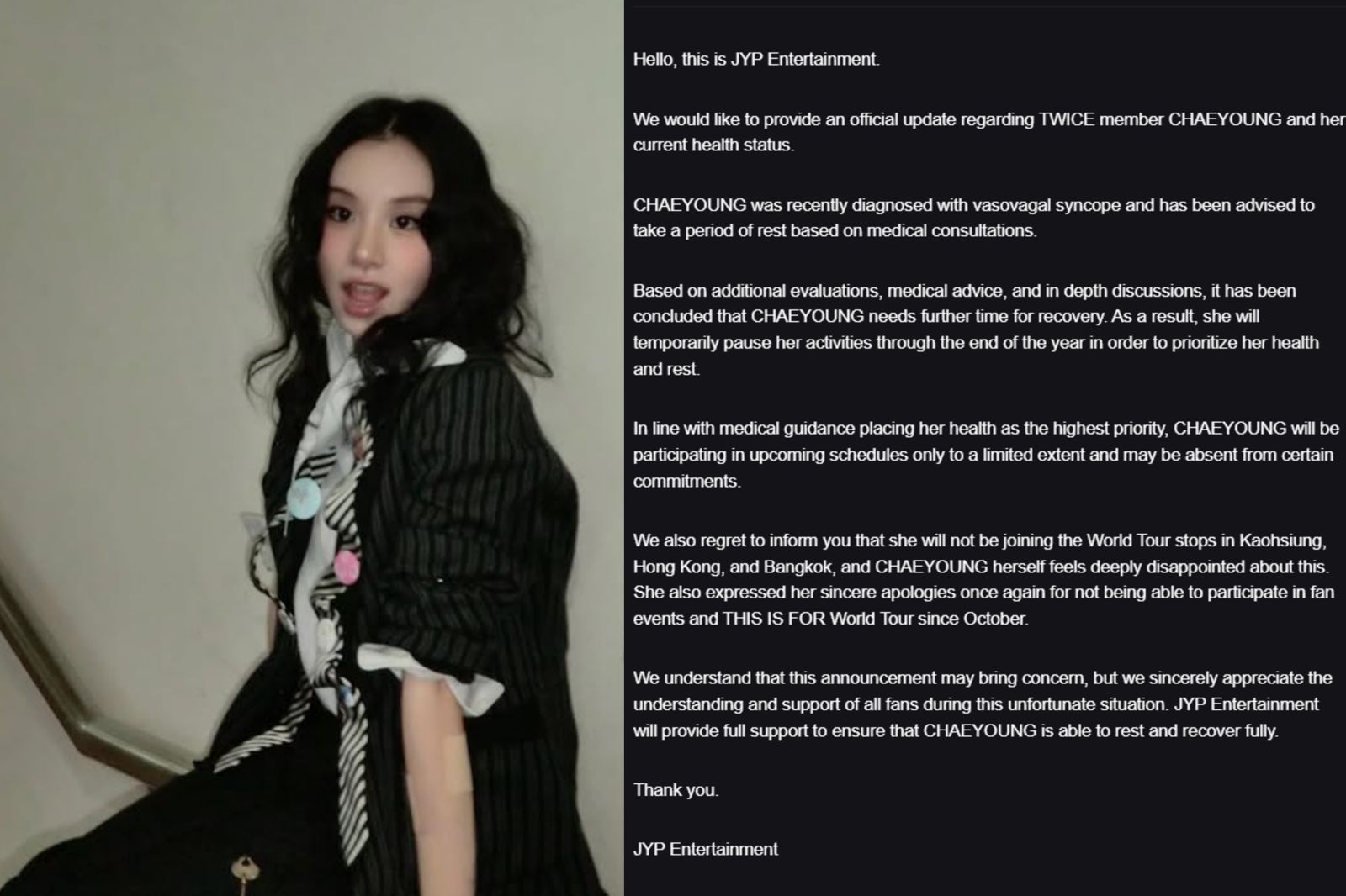 快訊／JYP急發公告！TWICE登台確定少1人　彩瑛健康現況曝