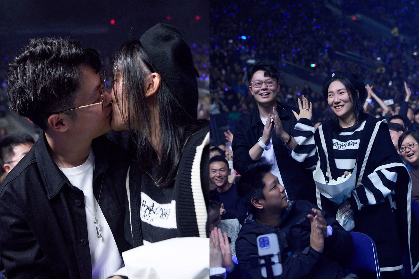 張信哲演唱會上情侶求婚成功，被張信哲加碼喊「親一個」。潮水音樂提供