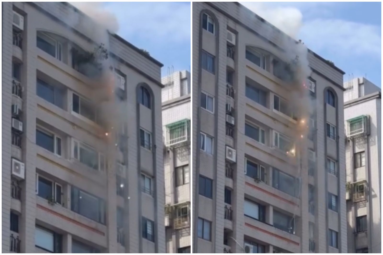 大安區一棟大樓住戶在外牆掛鞭炮燃放，火光直墜。圖／翻攝自長臉夫妻