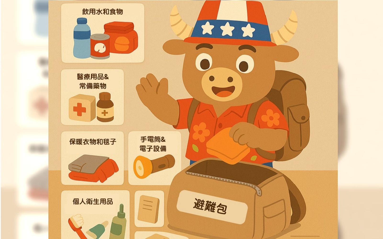 避難包內容參考。圖／美國在台協會高雄分處 AIT Kaohsiung臉書