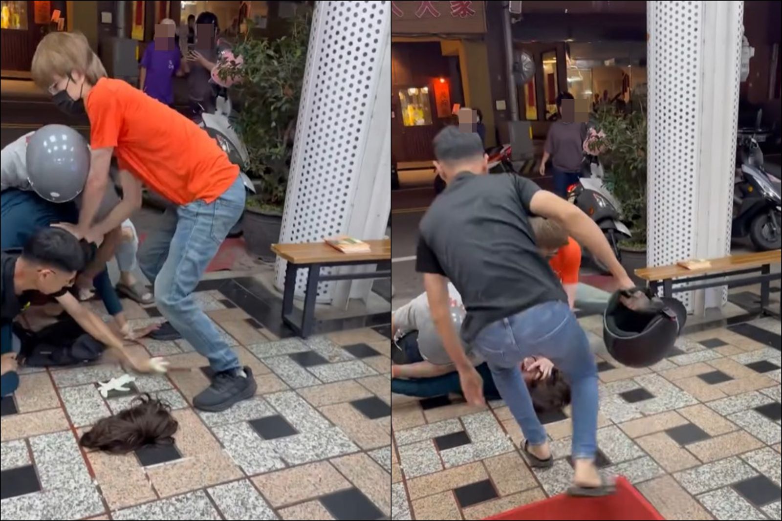 黑衣民眾眼疾手快奪走水果刀，還用安全帽狠砸搶匪的頭部。圖／翻攝自Threads／wendy790511