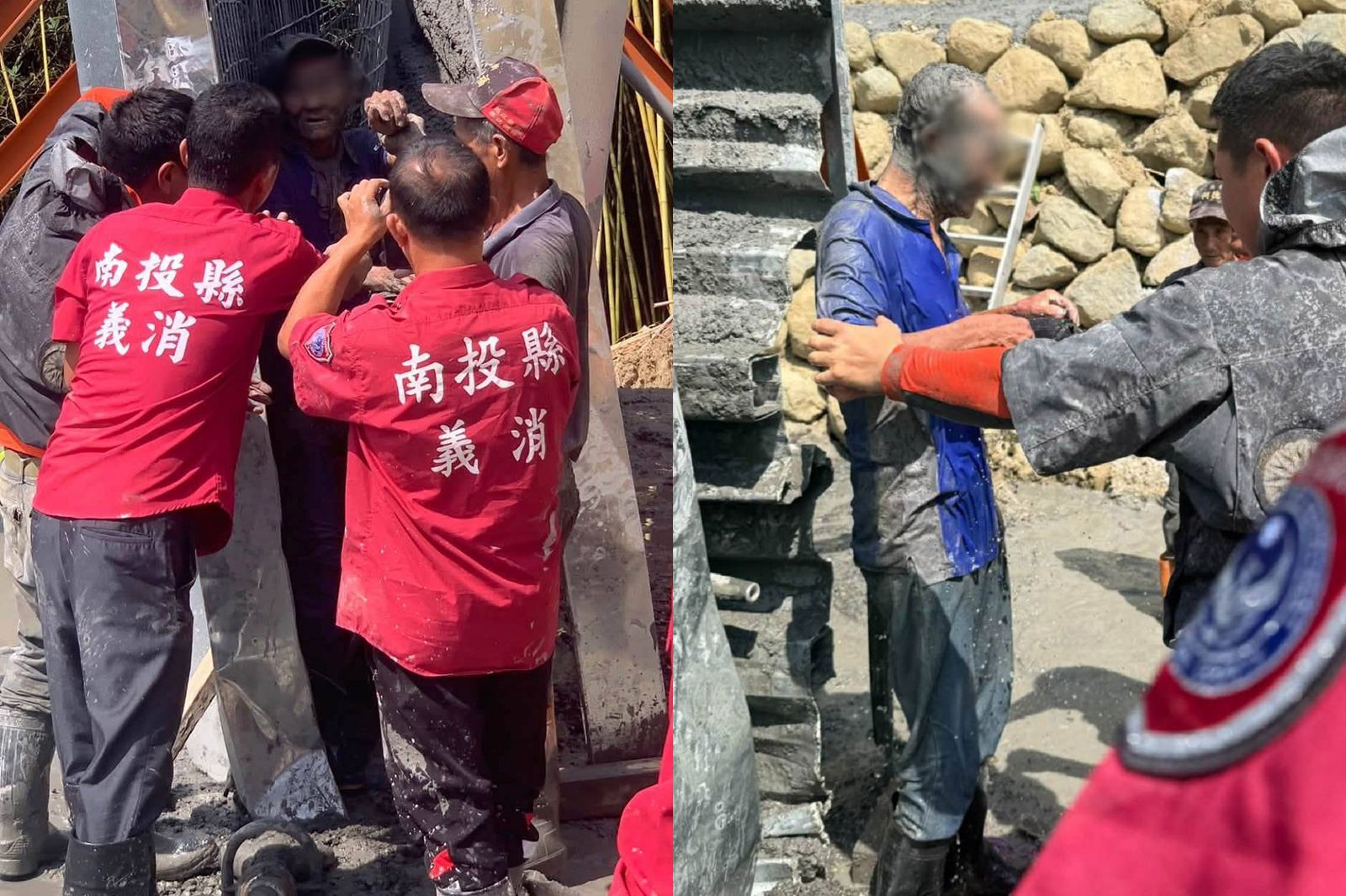 受困男子從鐵皮屋倒塌結構中慢慢爬出來。圖/民眾提供