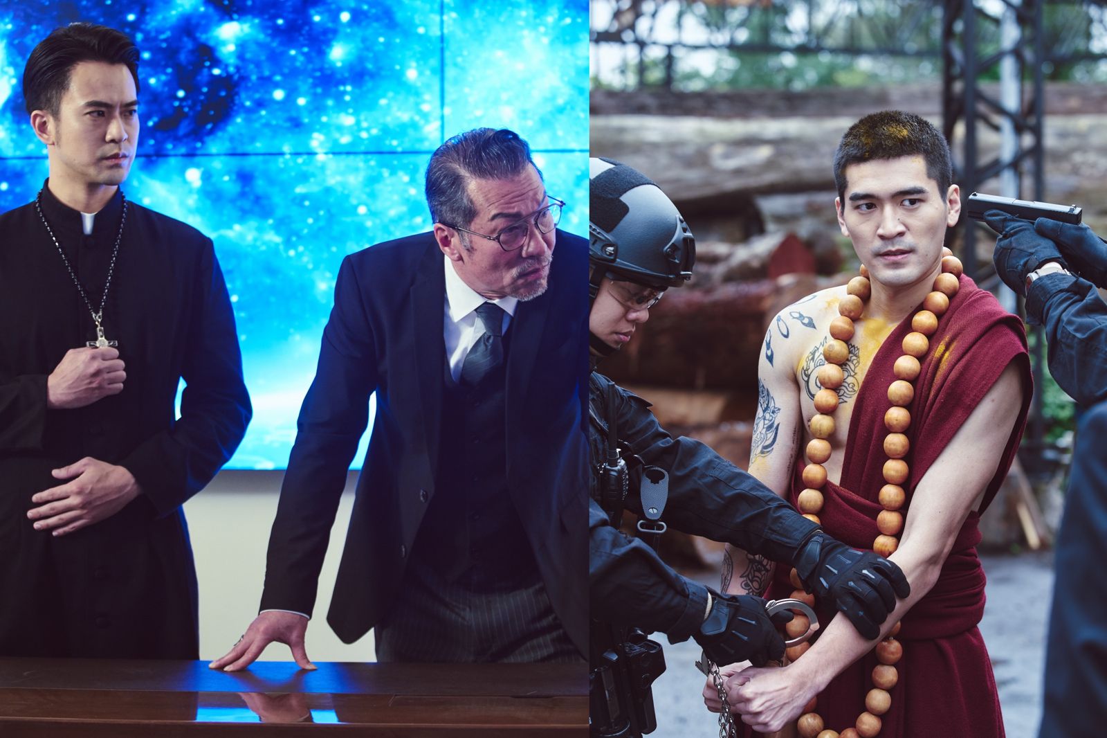 顏毓麟（左起）、黃仲崑、涂善存參與世新自製劇《惡靈世界》。世新大學提供