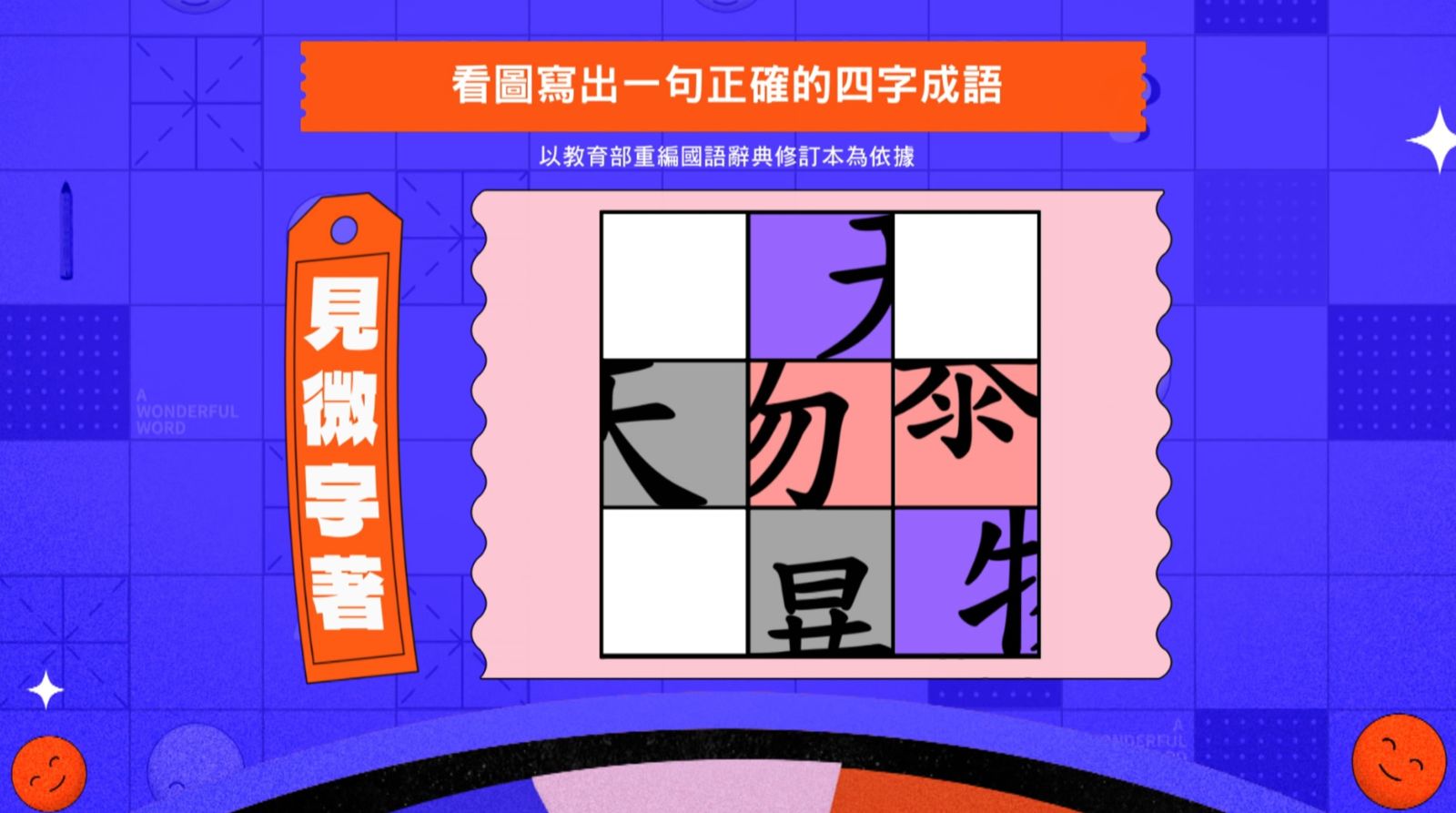 第一關「見微知著」,題目「暴殄天物」僅透露「天」、「勿」、「日」、「氺」等部件,讓參賽者各自腦補。公視提供