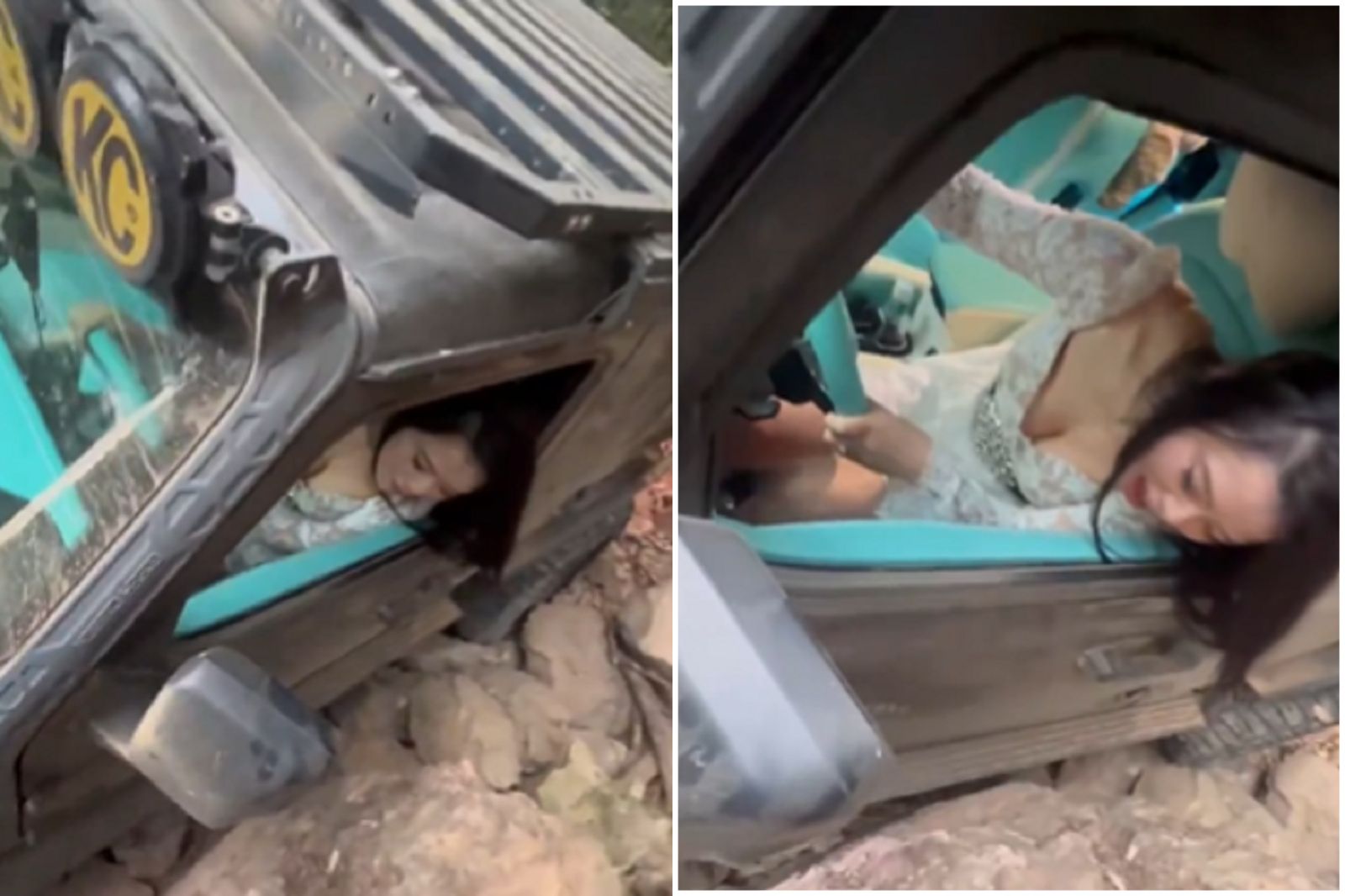 中國妹子練越野車卡住　網友捏冷汗歪樓：胸前的溝真的深
