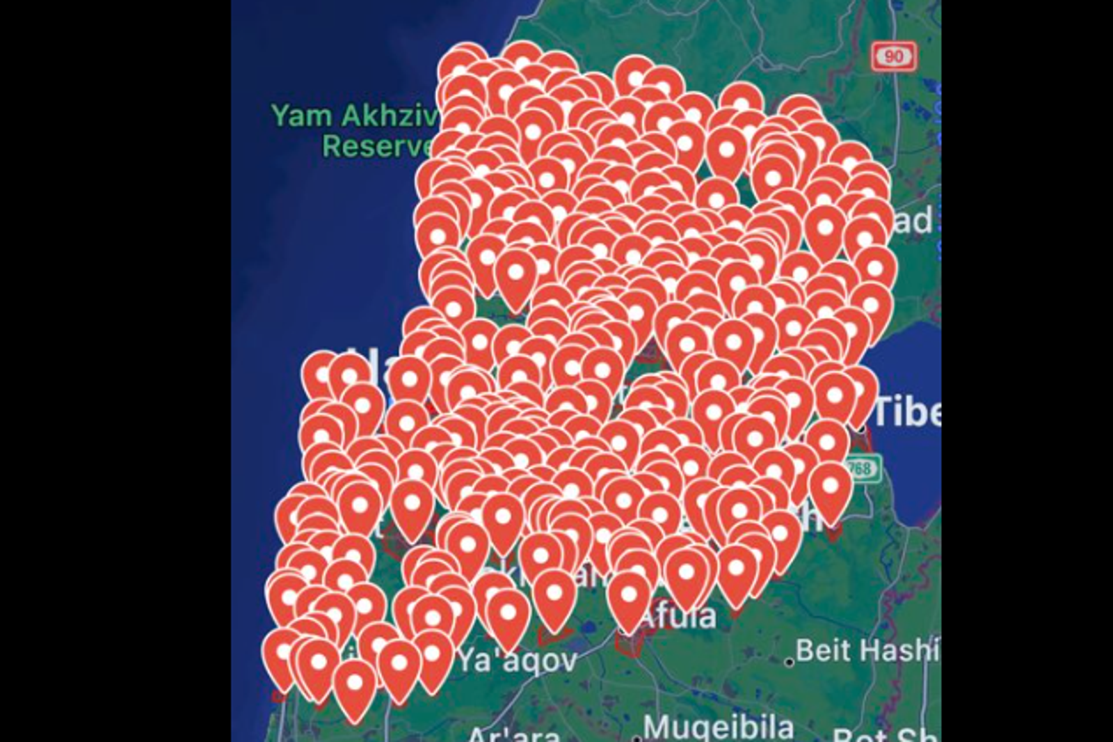 以色列發布空襲警報範圍。圖／翻攝自洛杉磯猶太小街誌臉書