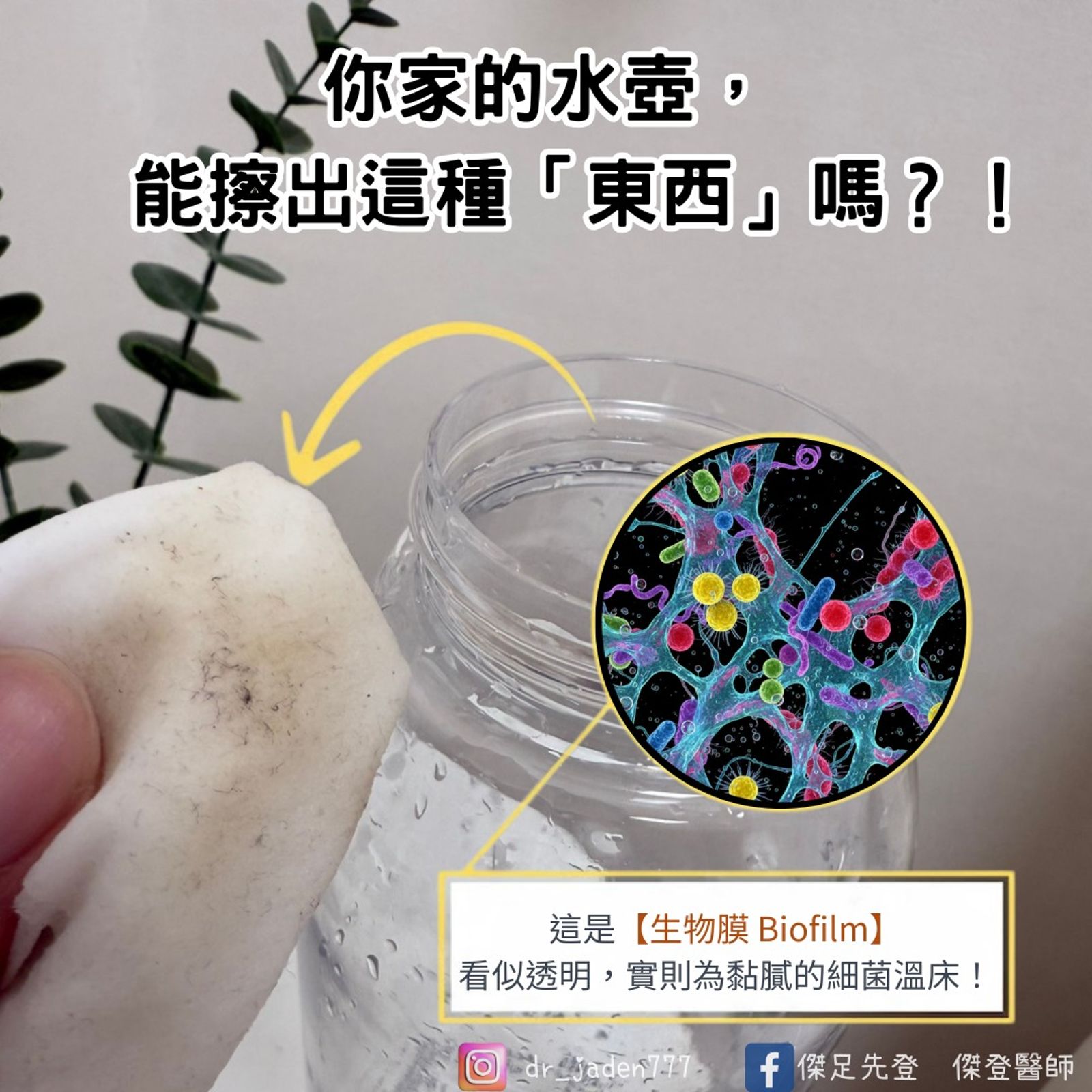 傑登醫師指出，「生物膜」是由細菌、酵母菌、黴菌等微生物結合黏性物質，形成黏附於表面的微生物聚集結構。圖／翻攝自「傑足先登 傑登醫師」臉書