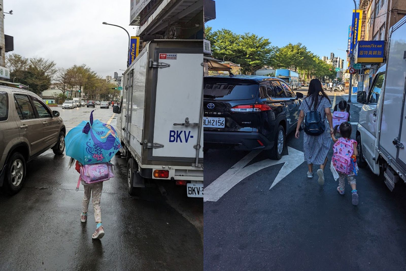 有家長曬出自己孩子放學回家穿梭車陣的危險模樣。圖／FB@徐立信