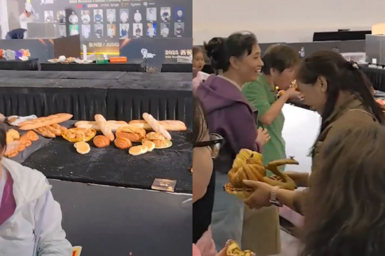 中國大媽們將評比桌上麵包抱走。圖／翻攝自微博