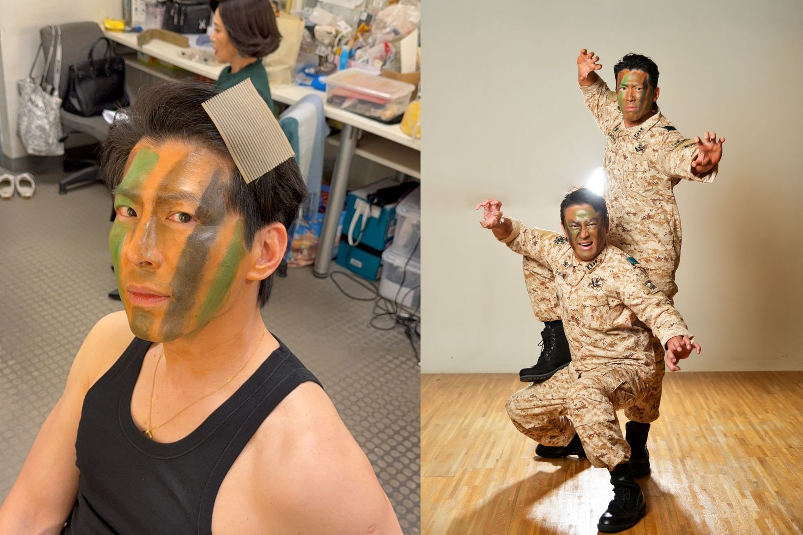 黃少祺（左）與江宏恩（右下）cos特種兵玩心大發。三立提供