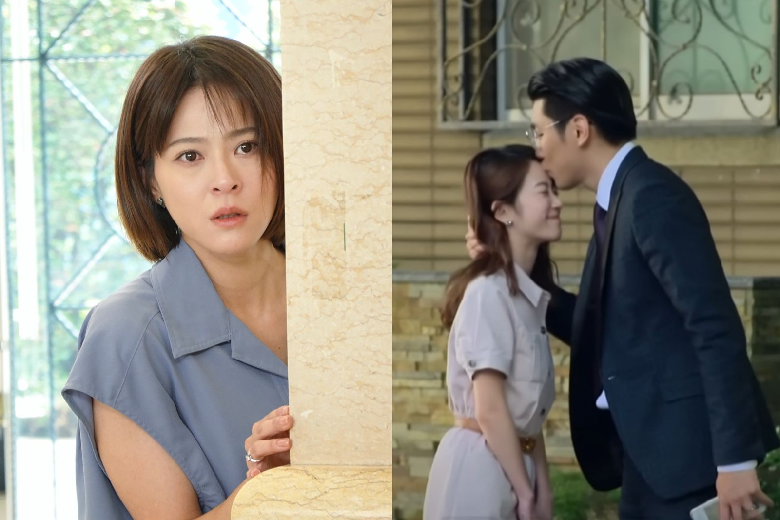 吳政澔（右一）劇中跟老婆蘇晏霈（左）的表妹程雅晨（右二）偷情，當眾親吻被抓包。民視提供