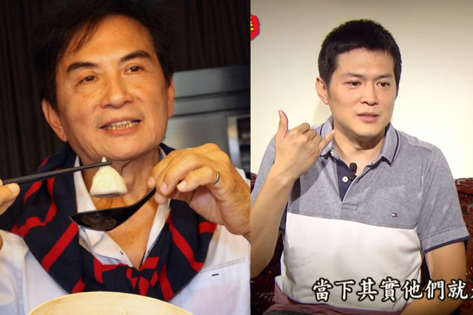李小飛（左）生前不只經營玉器也販售湯包水餃，李翔（右）曾與父親一同上節目接受訪問。翻攝李小飛湯包臉書、《進擊的台灣》YouTube