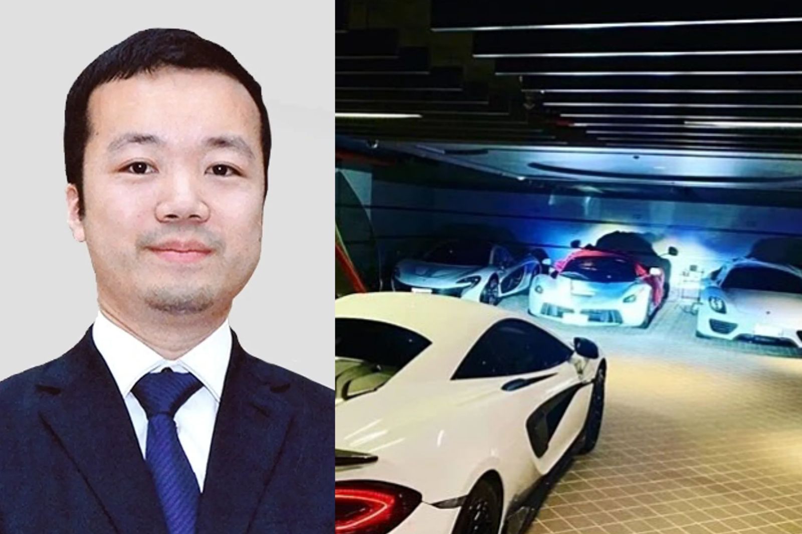 陳志在柬埔寨建立「亞洲最大電詐帝國」,他停在和平大苑地下室的多輛白色超跑照片日前曝光。左圖翻攝自太子集團官網、右圖翻攝自疑似陳志化名IG