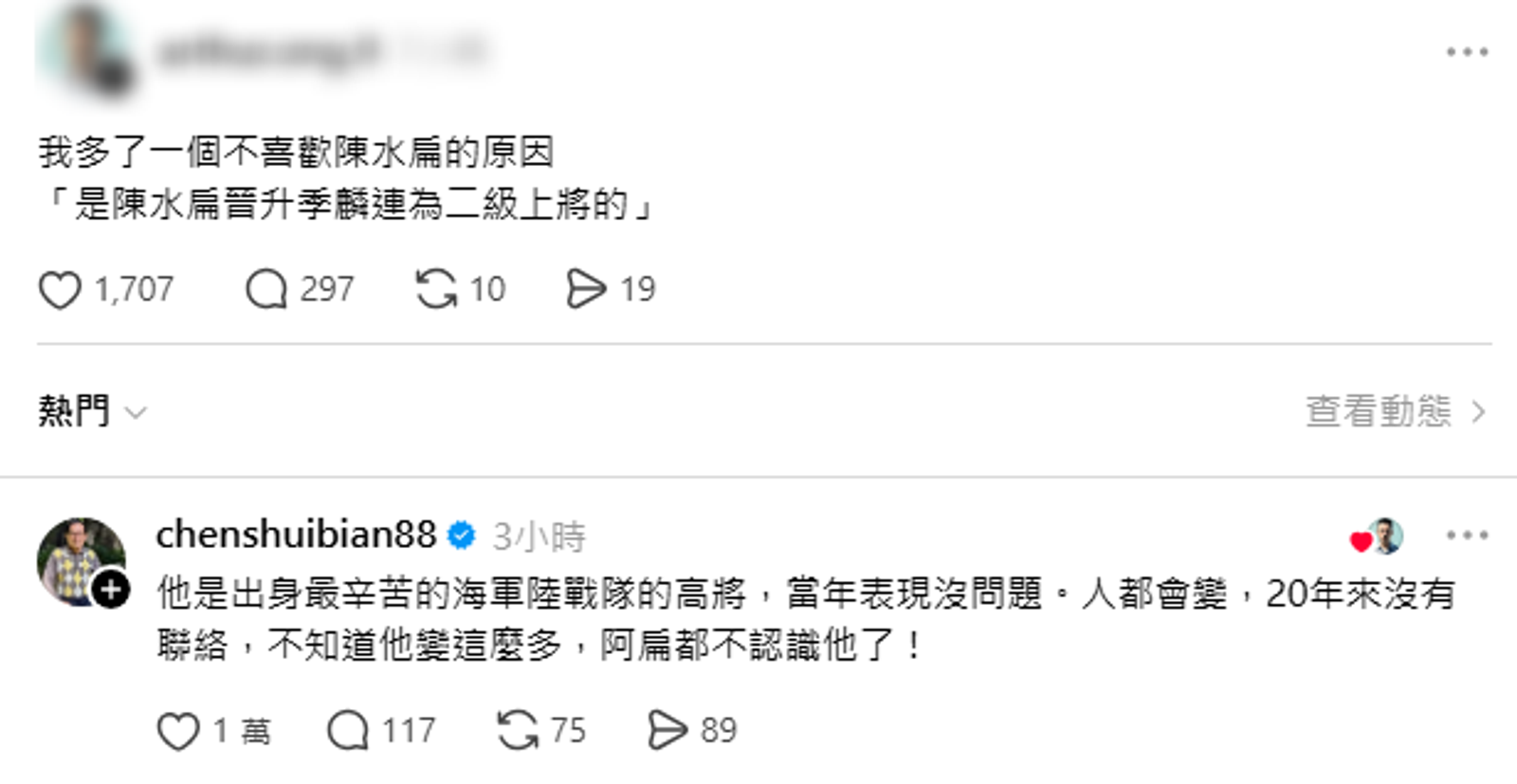 季麟連曾受前總統陳水扁重用，不過經過20年，陳水扁感嘆季麟連的變化連他都不認識了。圖／翻攝自Threads