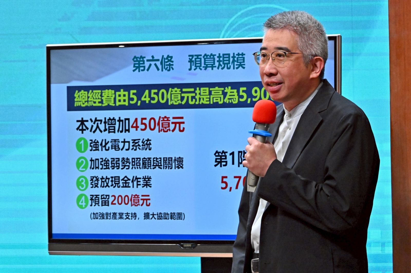 8月14日行政院提出《韌性特別條例》修正草案，拍板普發現金，當天官員在記者會上說明新增內容。（圖／行政院提供）