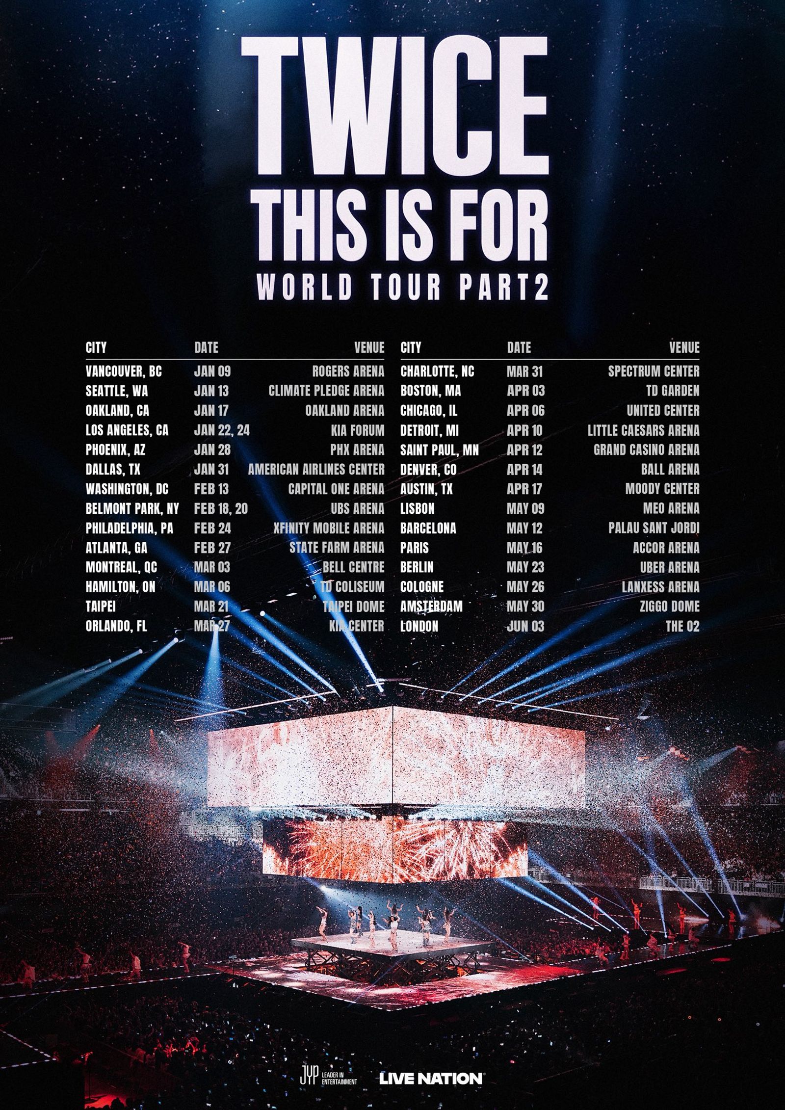 TWICE今公開明年的巡演場次，確定3月21日空降大巨蛋開唱。翻攝FB@livenationtw