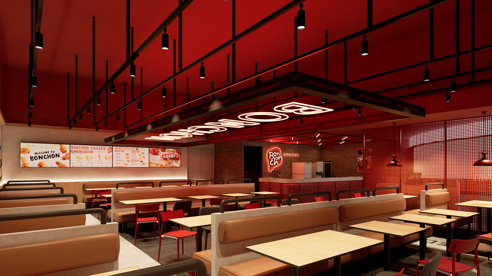「Bonchon本村韓食炸雞」進駐高雄「大立百貨」B1,座位數相當多,很適合朋友聚餐。(本村韓食炸雞供圖)