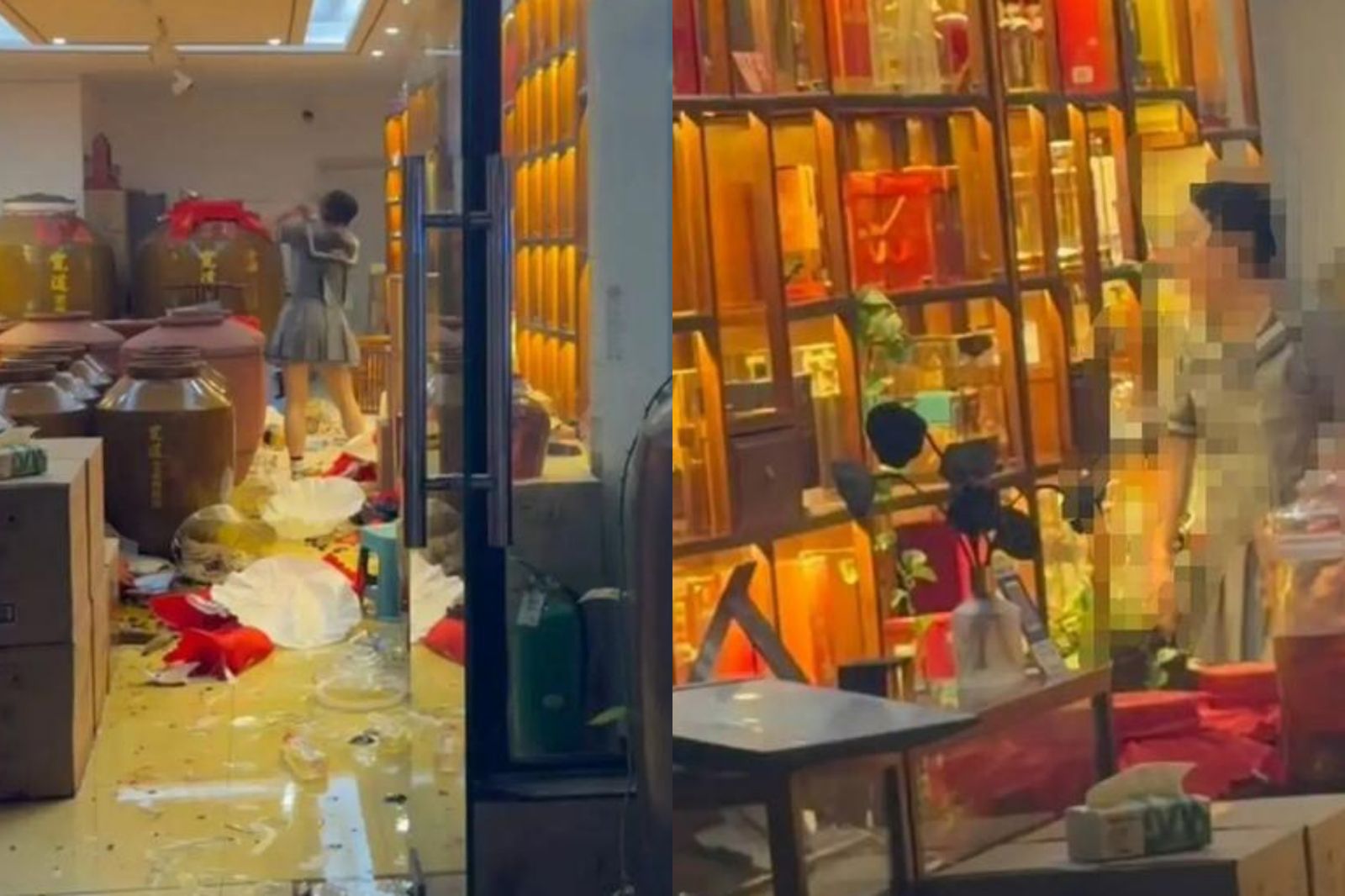 中國四川一名女子失控砸毀酒品專賣店,畫面遭到瘋傳。圖/翻攝自微博