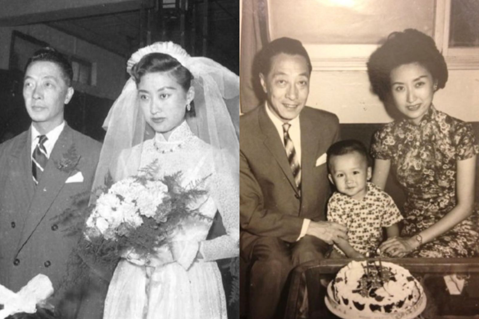 張正芬與時任國大代表的庾家麟結婚時照片（左圖）。庾澄慶（右二）與父母合影。翻攝自微博