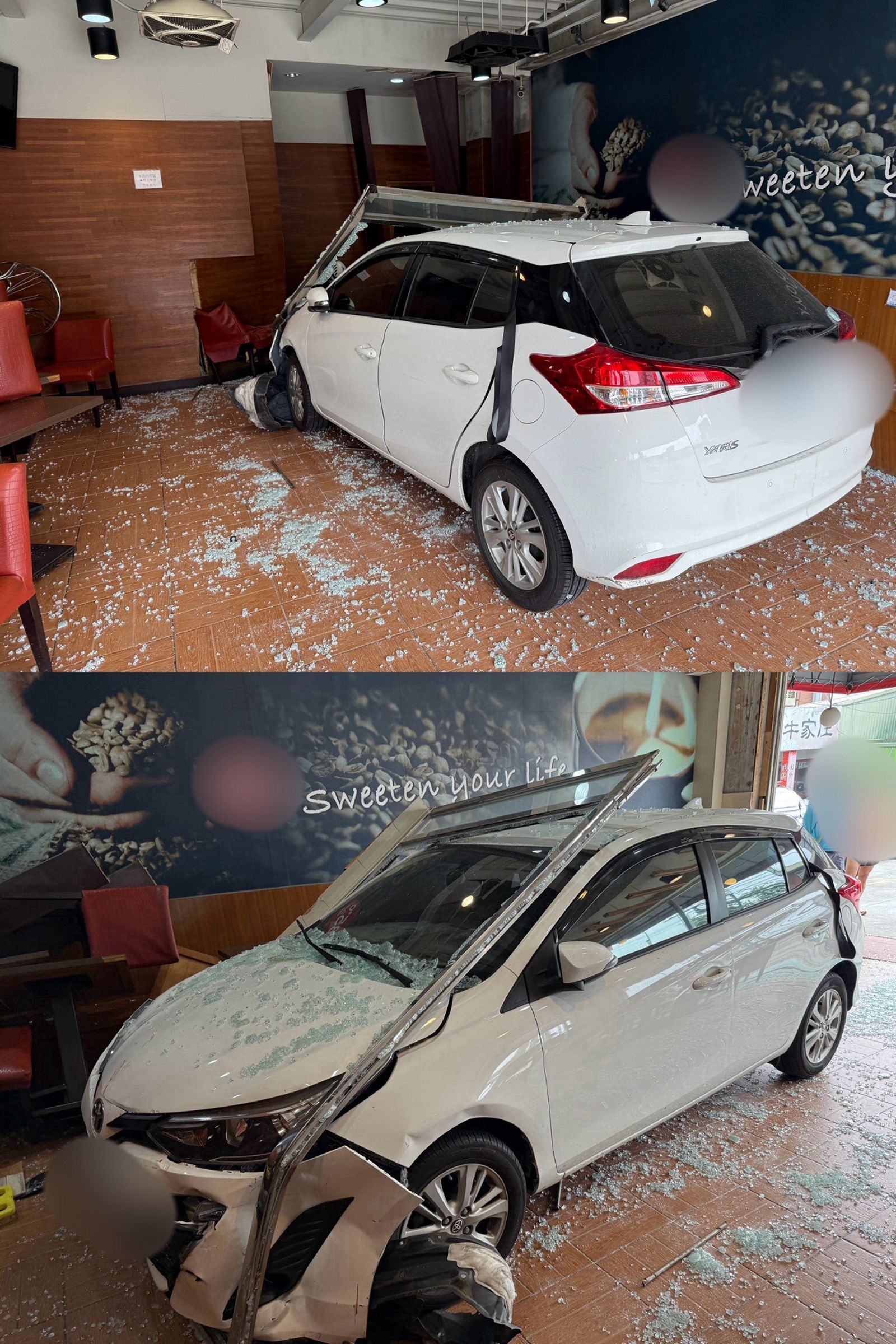 白色轎車撞進連鎖咖啡店，現場一片凌亂，滿地都是玻璃碎片。民眾提供