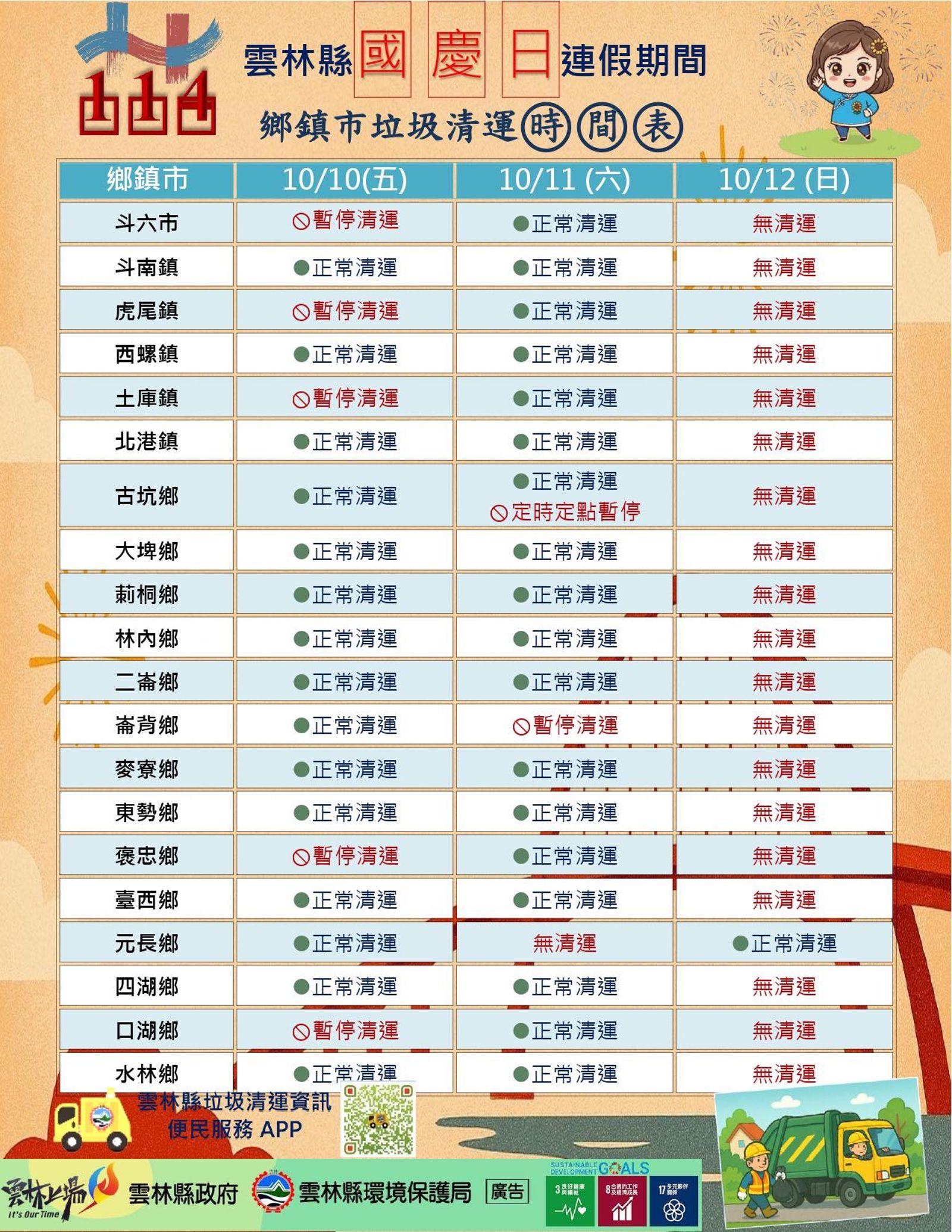 雲林縣公布雙十連假垃圾清運時間。圖/翻攝自雲林縣政府環保局臉書