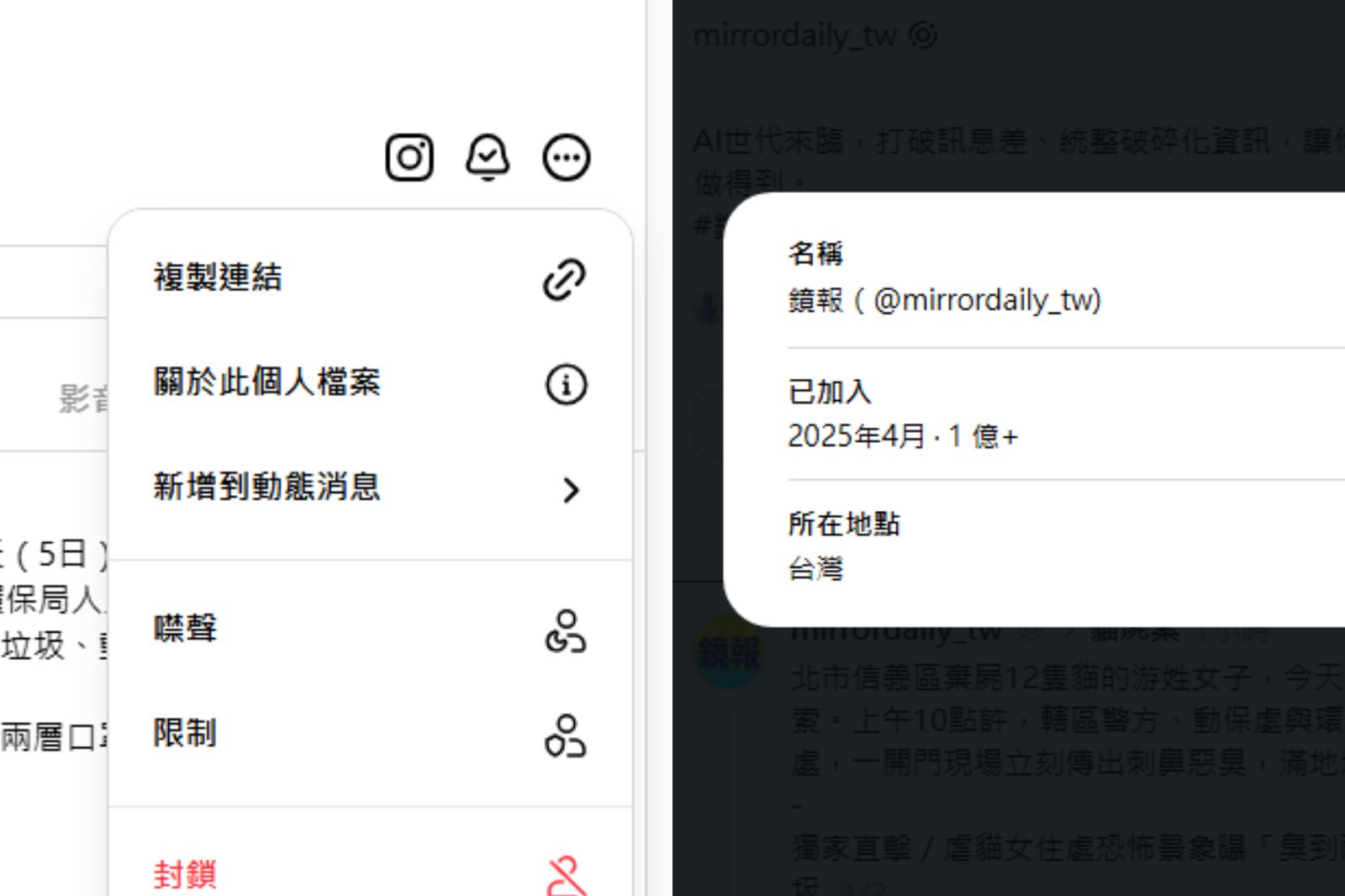 Threads推出「關於此個人檔案」功能，點擊後使用者可辨認帳號來源。示意圖／翻攝自Threads