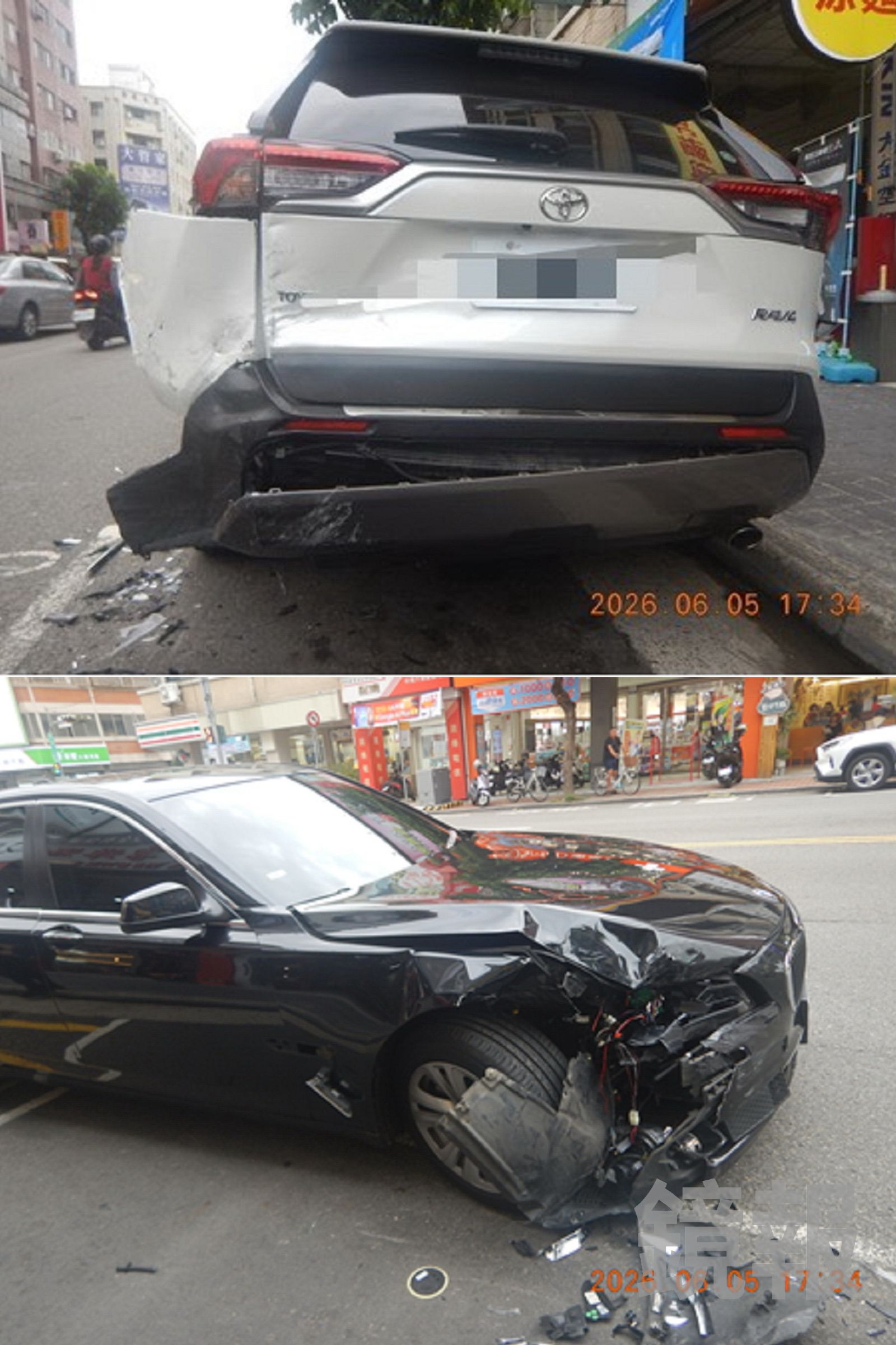 洪男駕駛黑色轎車，要停進路邊停車格，失控擦撞前方白色休旅車。民眾提供