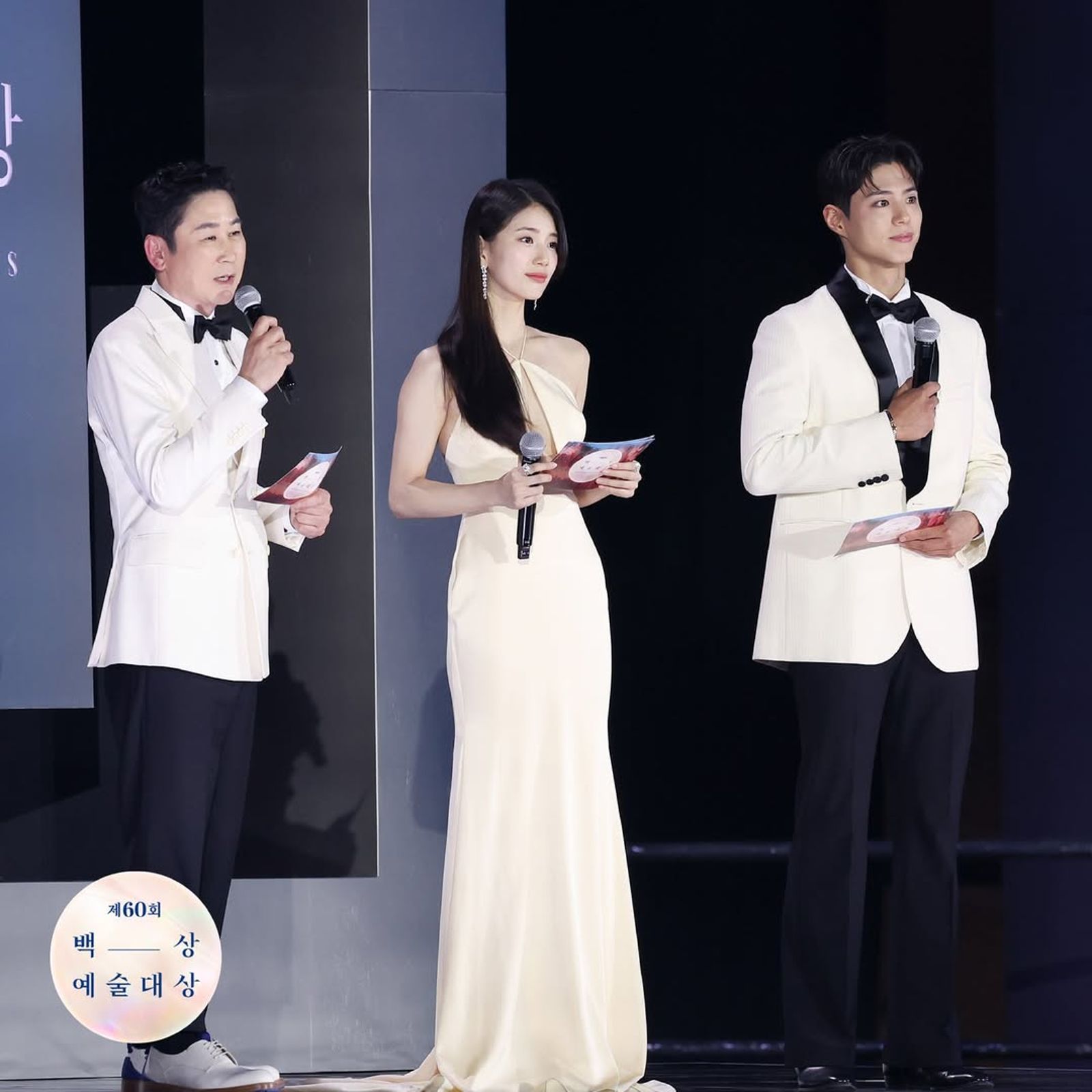 申東燁（左起）、秀智、朴寶劍三人將再度默契擔綱典禮主持人。翻攝IG@baeksang.official