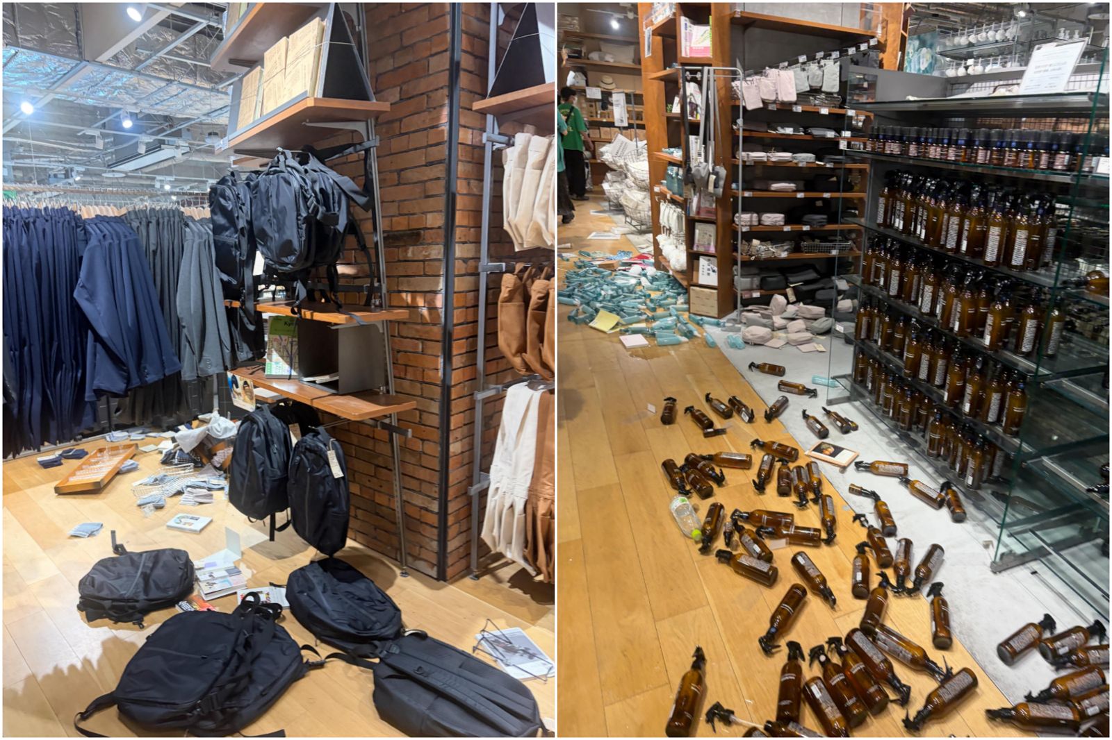 無印良品貨架商品掉滿地。圖／翻攝自Threads@yu_tsen.0425