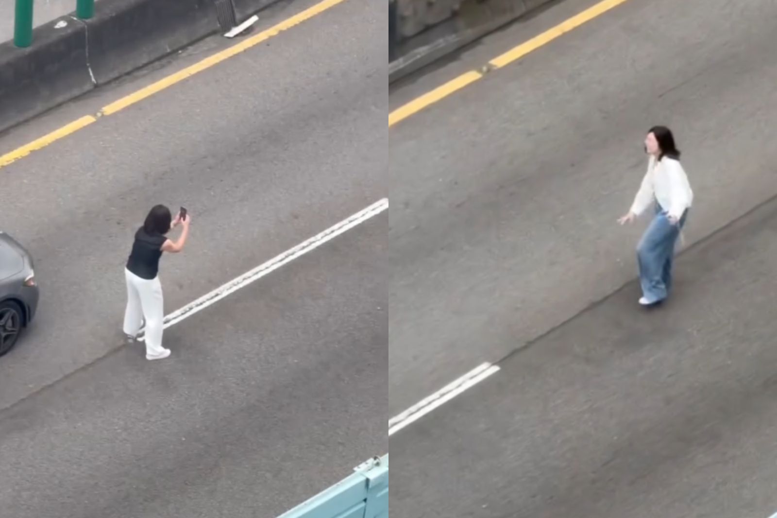 賓士女碰演習竟下車「開心自拍」，引起網友撻伐。圖／翻攝自@chentx_1009 Threads